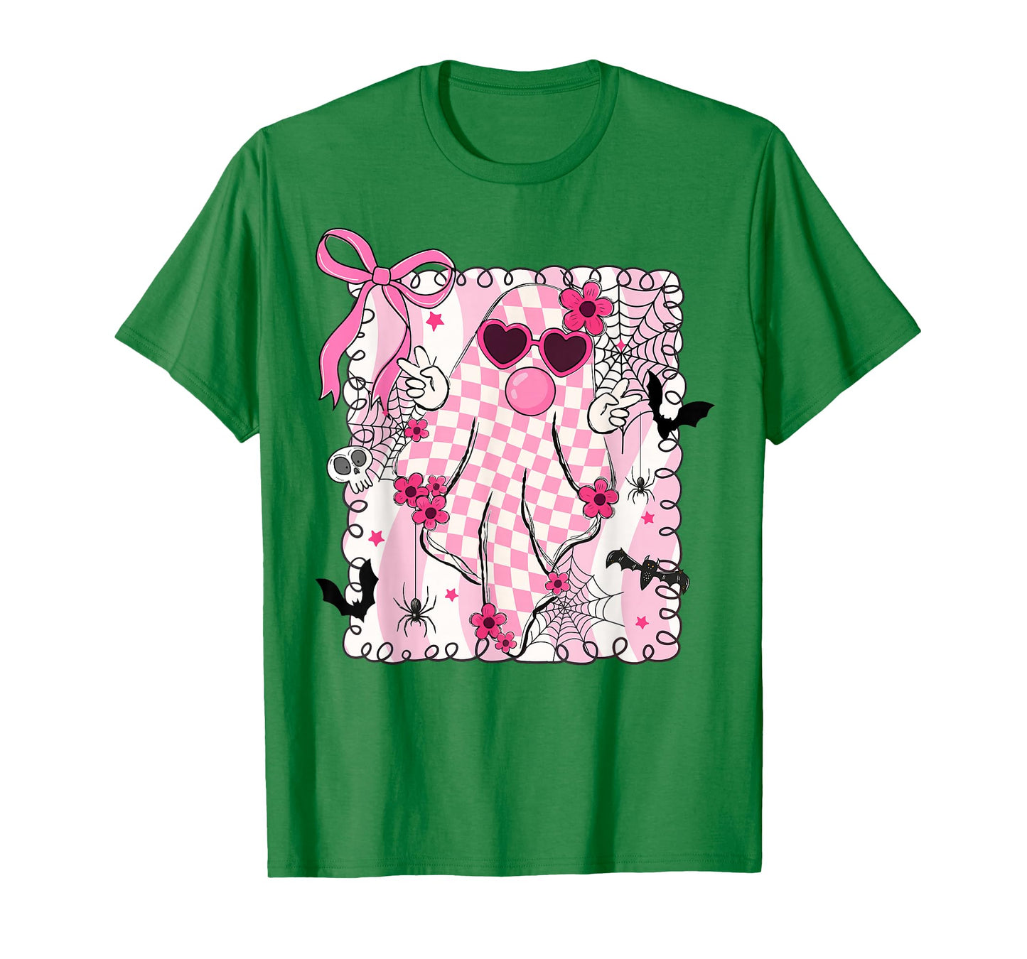 Cute Pink Ghost Blowing Bubble Gum Checkered Halloween T-Shirt