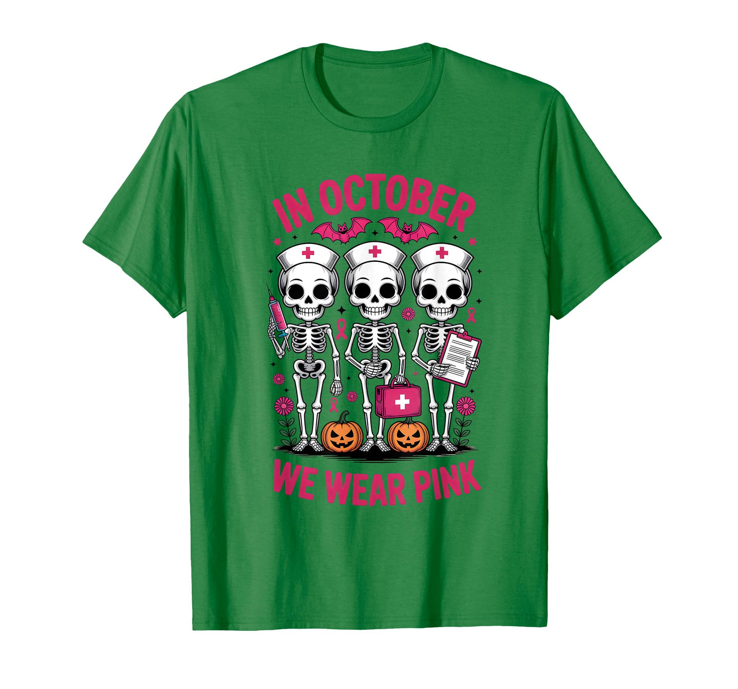 in October we wear Pink Breast Cancer Skeleton Nurse T-Shirt