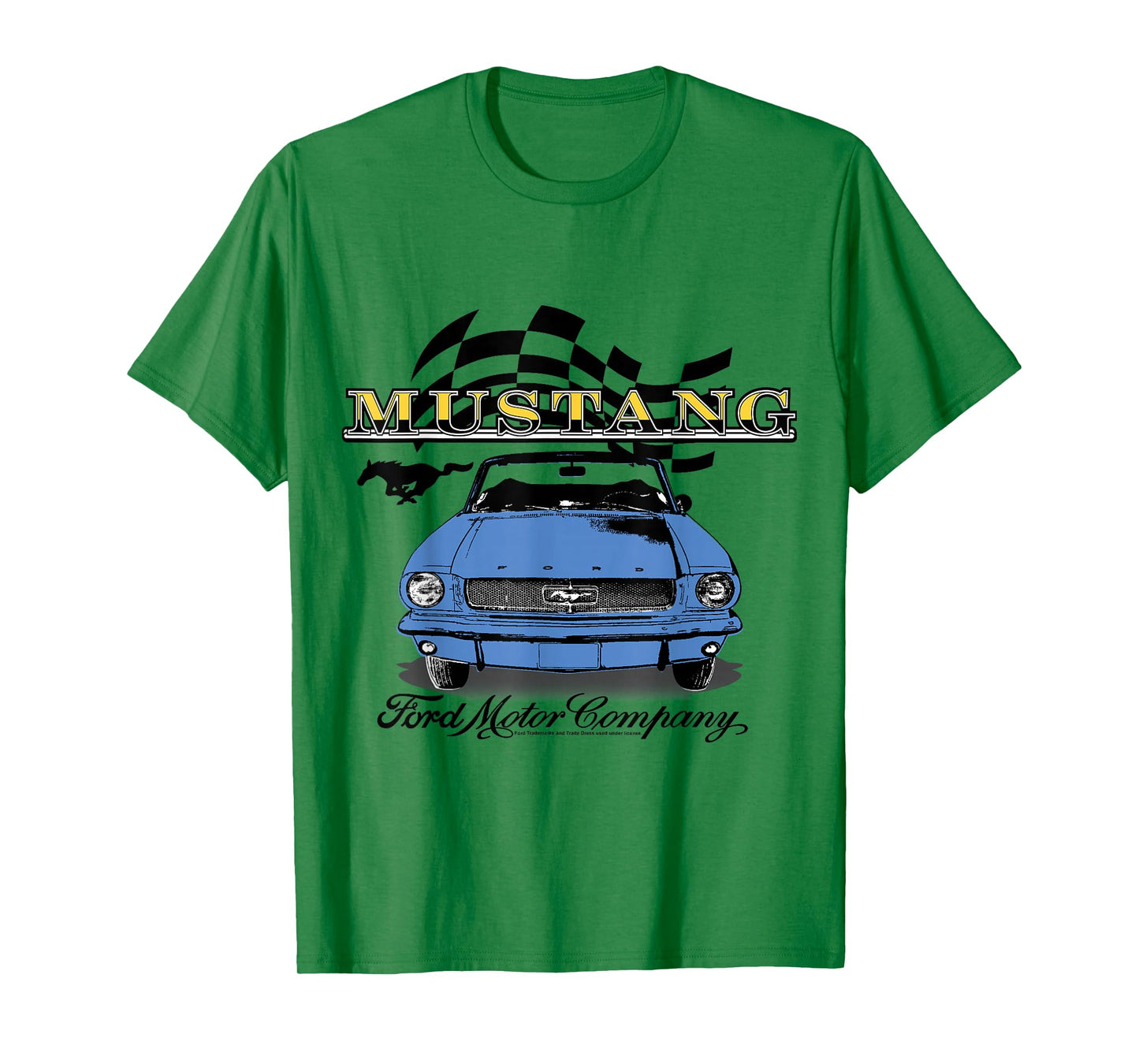 Ford - Vintage Blue Mustang Convertible Car Checkered Flag T-Shirt