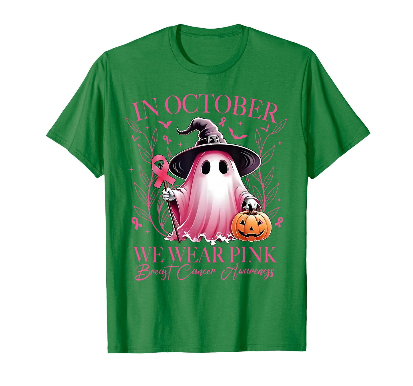 in October We Wear Pink Ghost Witch Breast Cancer Awareness T-Shirt