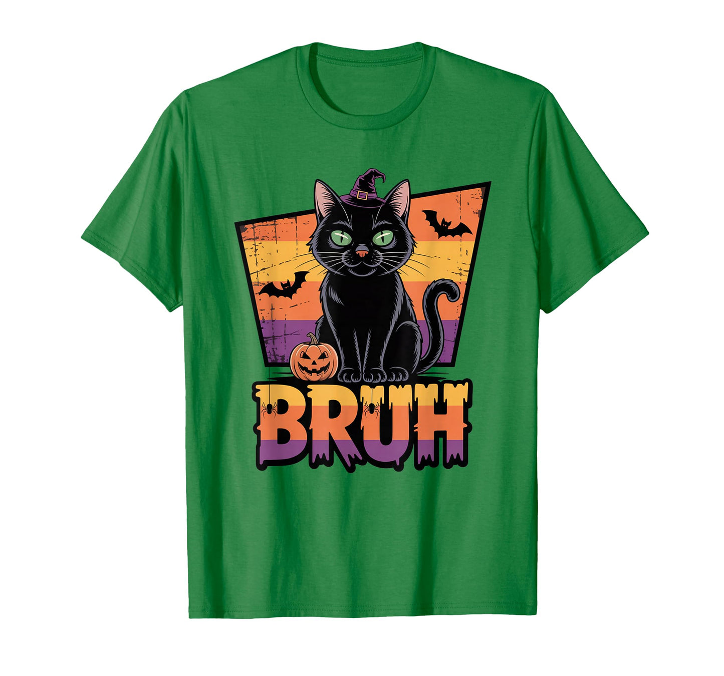 Bruh Black Cat Witch Hat Pumpkin Halloween Spooky Trend Tee T-Shirt
