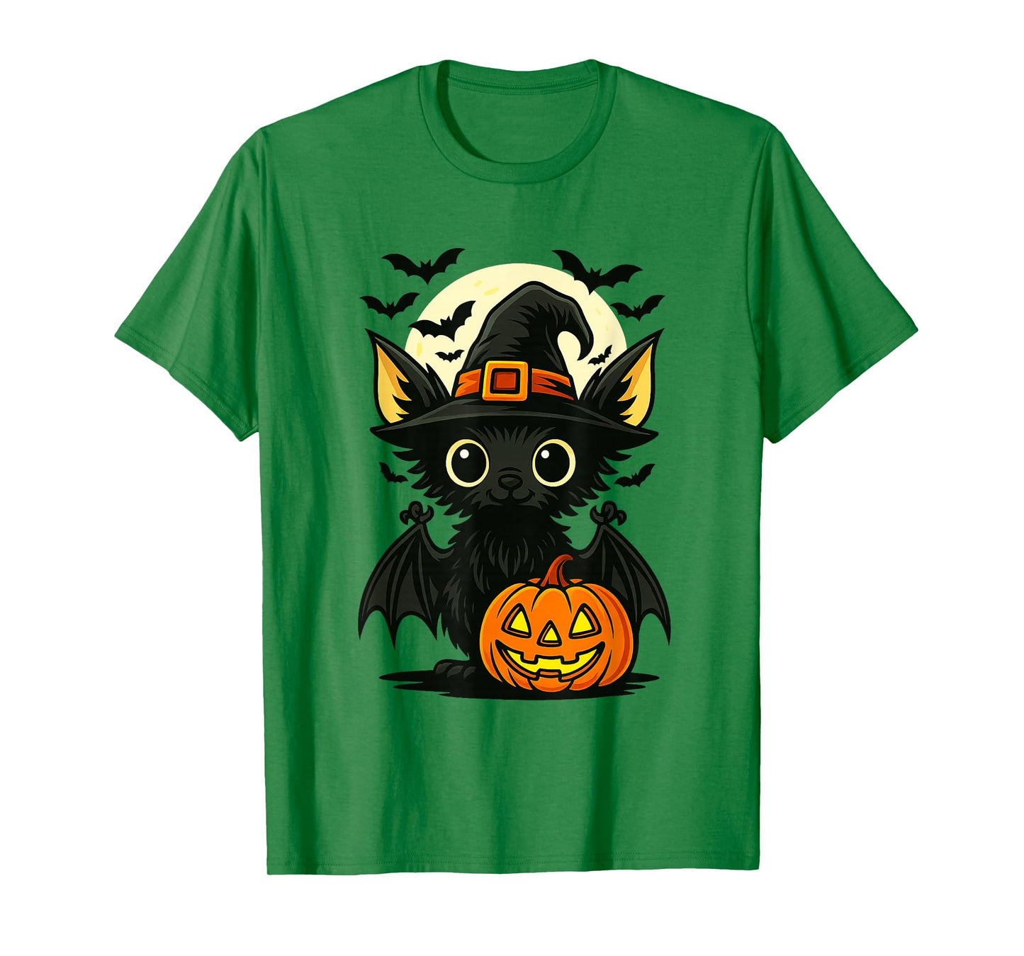 Cute Bat Wearing Witch Hat with Moon and Bats Halloween Bat T-Shirt