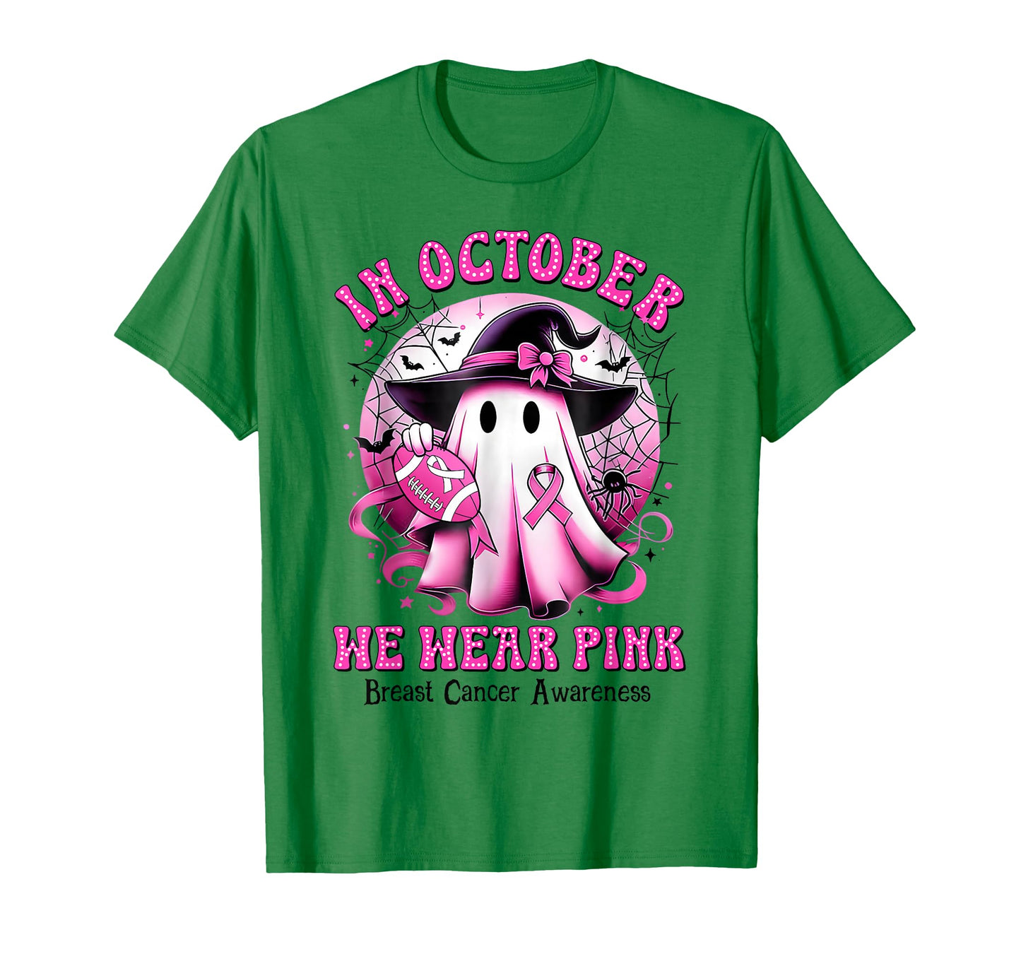 in October We Wear Pink Witch Ghost Breast Cancer Awareness T-Shirt