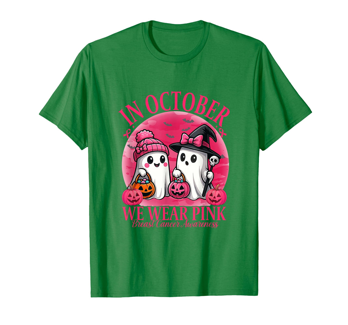 in October We Wear Pink Ghost Witch Breast Cancer Awareness T-Shirt