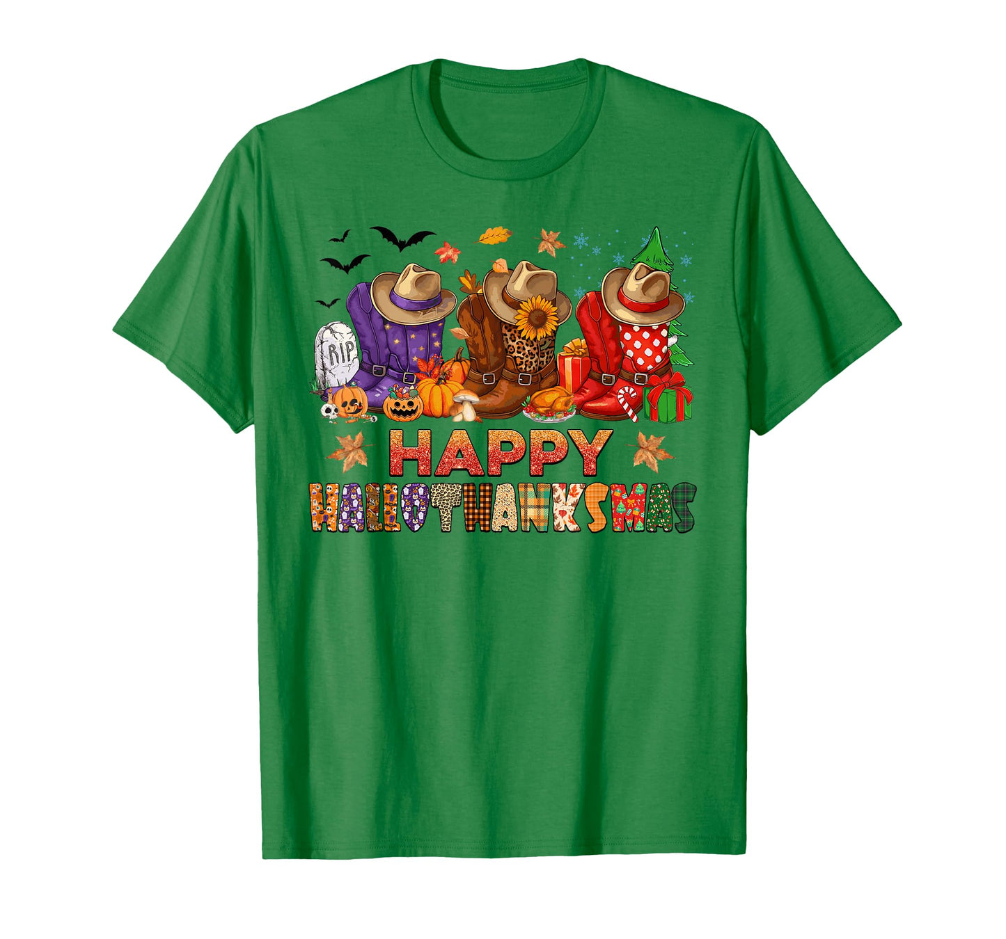 Happy Hallothanksmas Cowboy Boots Halloween Thanksgiving T-Shirt