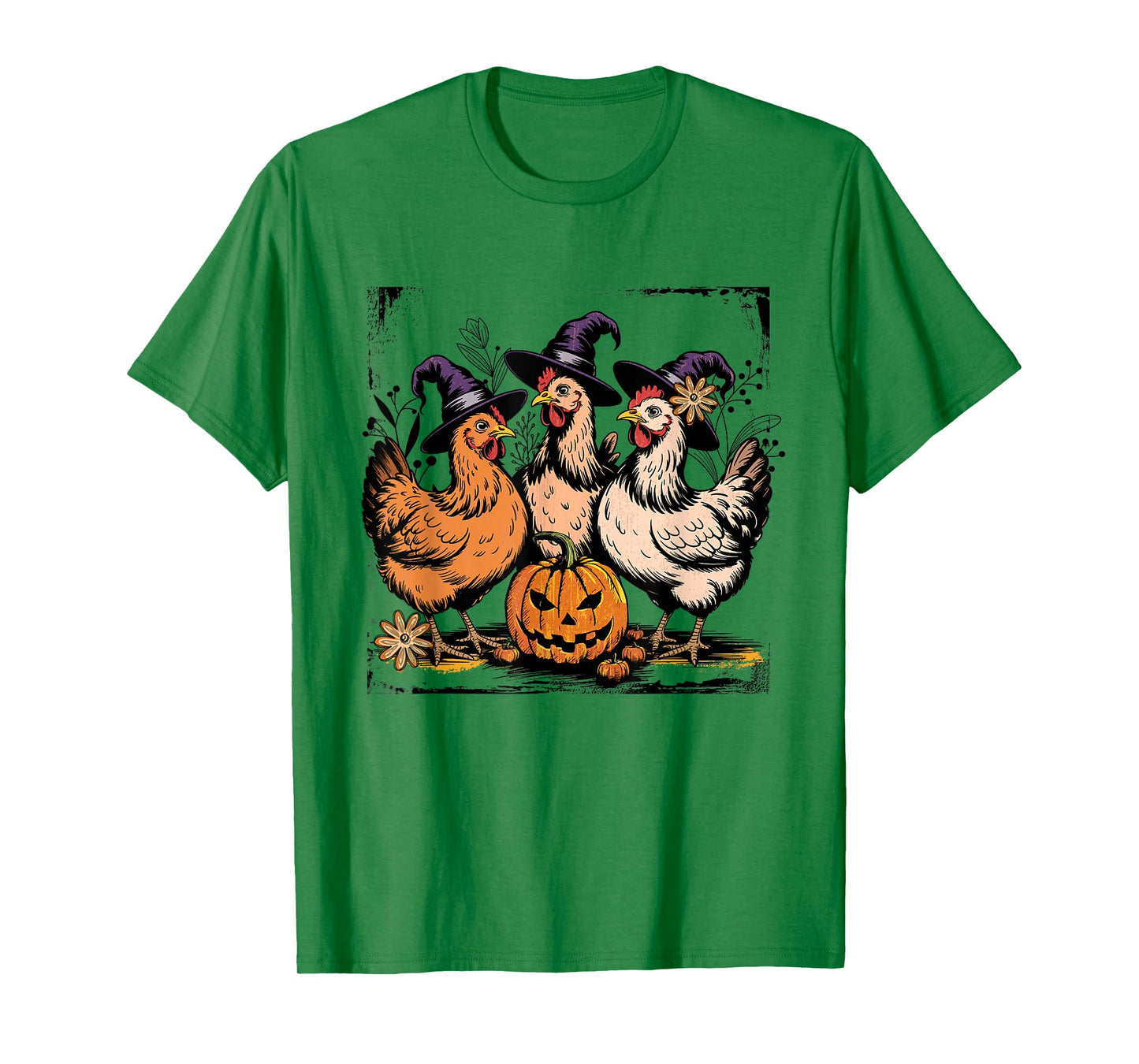 Retro Chicken Witch Pumpkin Flowers Funny Halloween T-Shirt