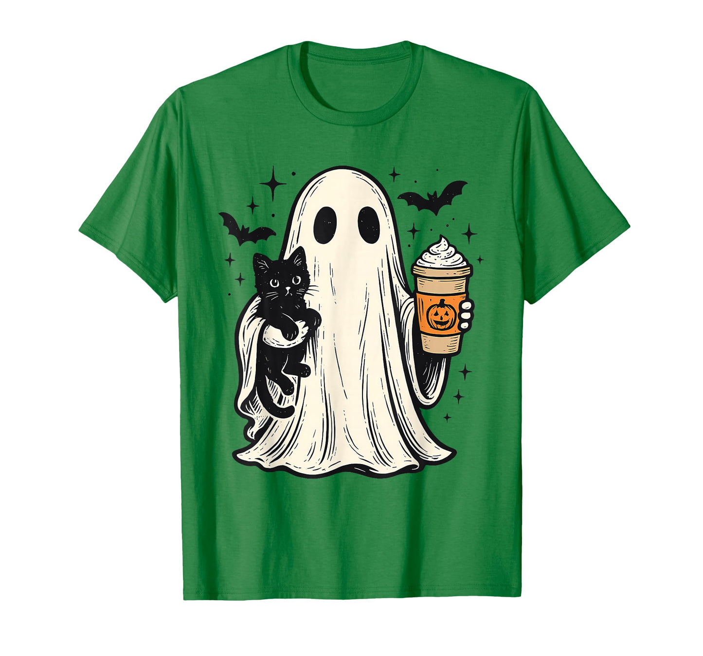 Cute Halloween Ghost Holding Black Cat Fall Coffee for Women T-Shirt