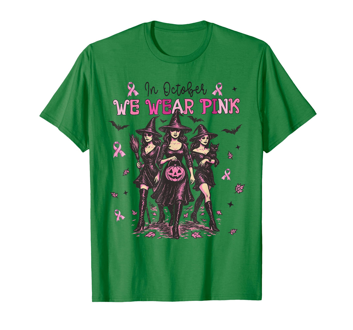in October We Wear Pink Witch Halloween Breast Cancer Women T-Shirt