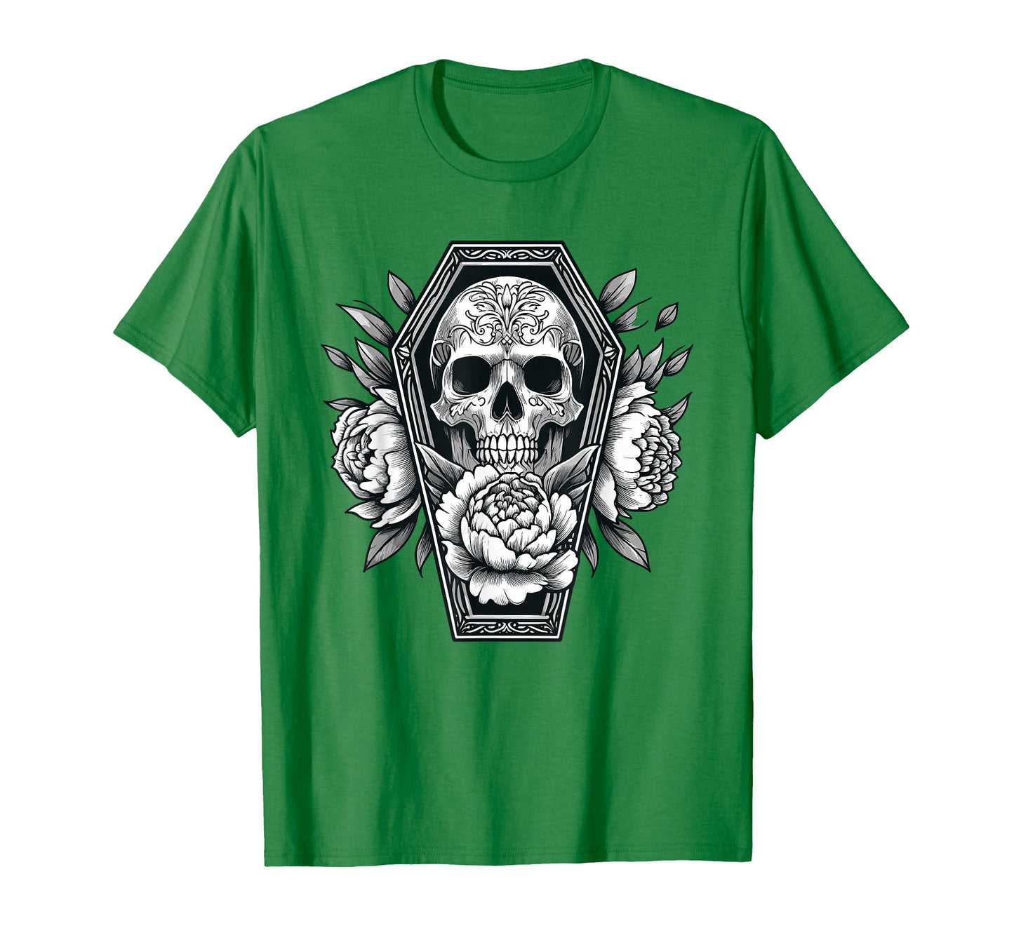 Goth Skull and Roses in Coffin Halloween Spooky Occult Pagan T-Shirt