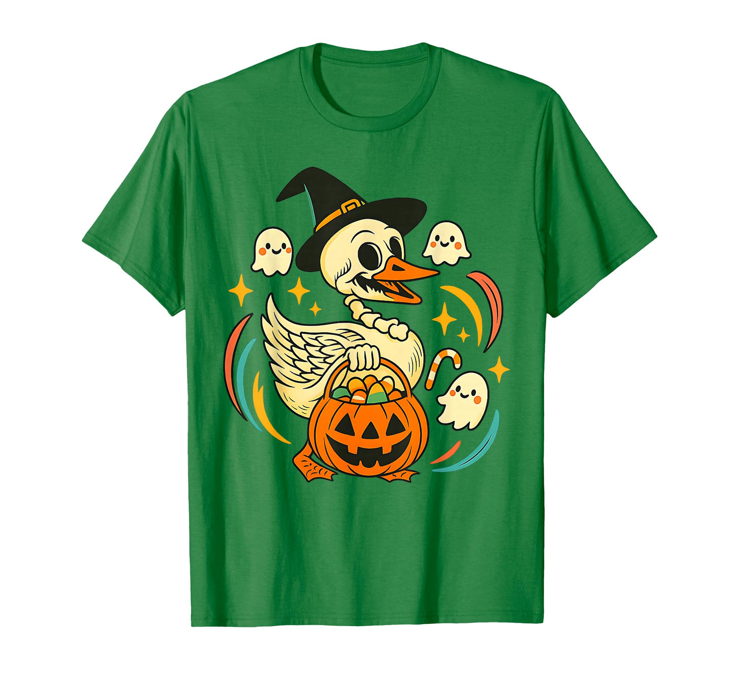 Halloween Goose Skeleton with Witch Hat Pumpkin Candy Bucket T-Shirt