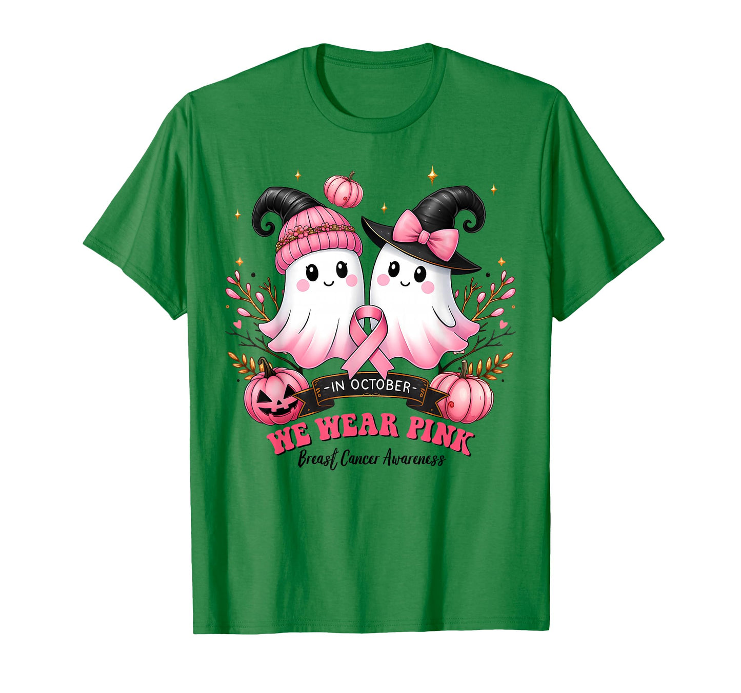 in October We Wear Pink Ghost Witch Breast Cancer Awareness T-Shirt