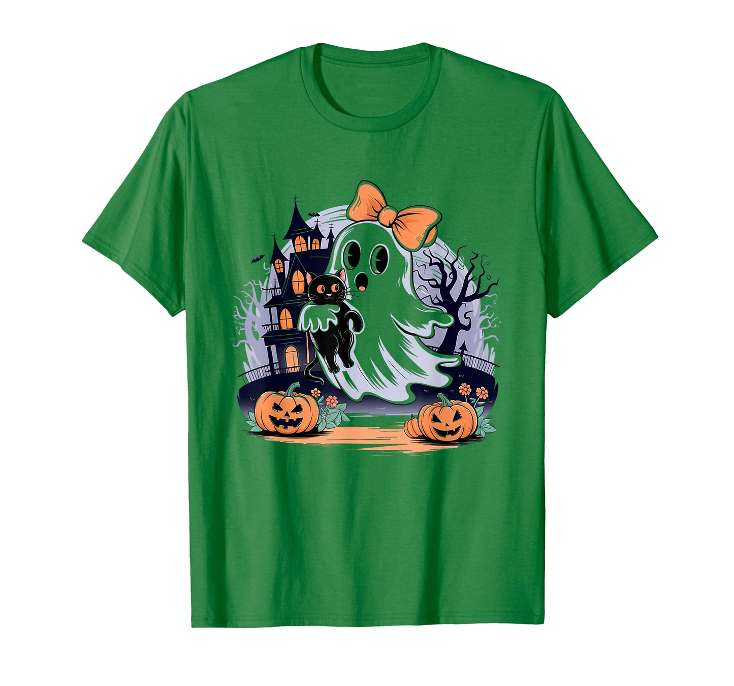 Halloween Ghost Holding Black Cat Groovy Men Women & Youths T-Shirt