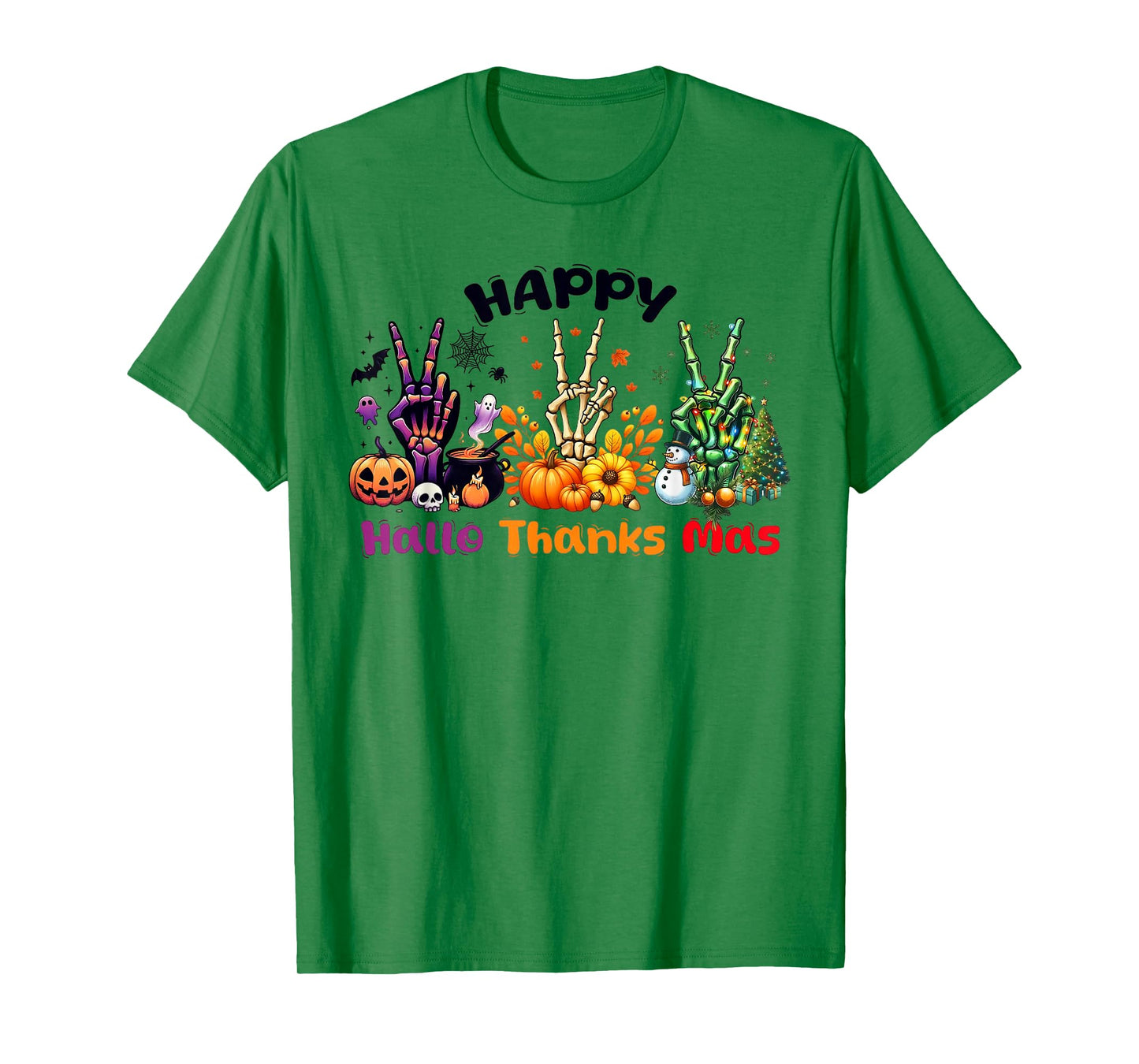Happy HalloThanksMas Skeleton Hand Peace Sign Holiday Mashup T-Shirt