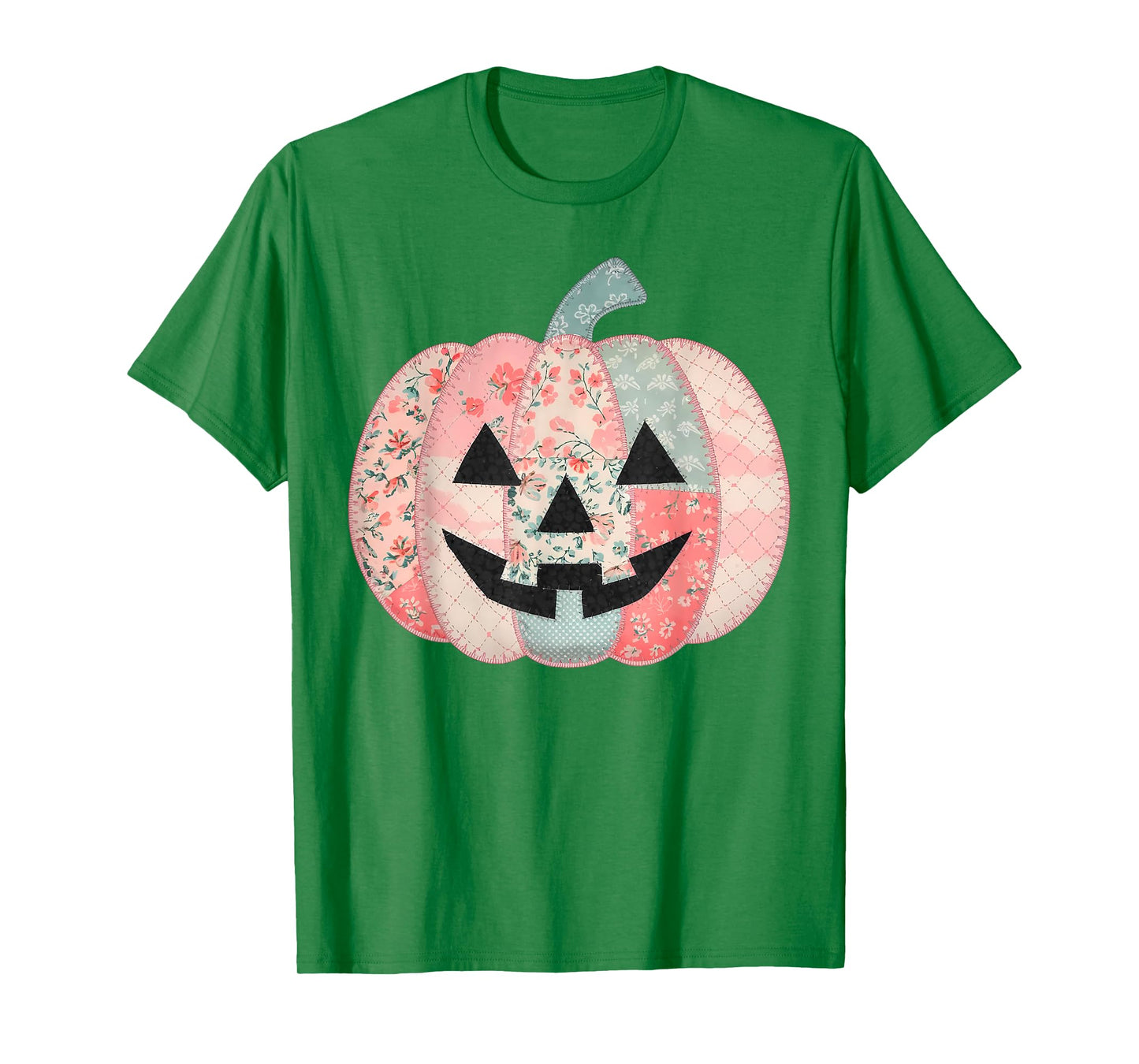 Preppy Pink Floral Patchwork Pumpkin Autumn Fall Halloween T-Shirt