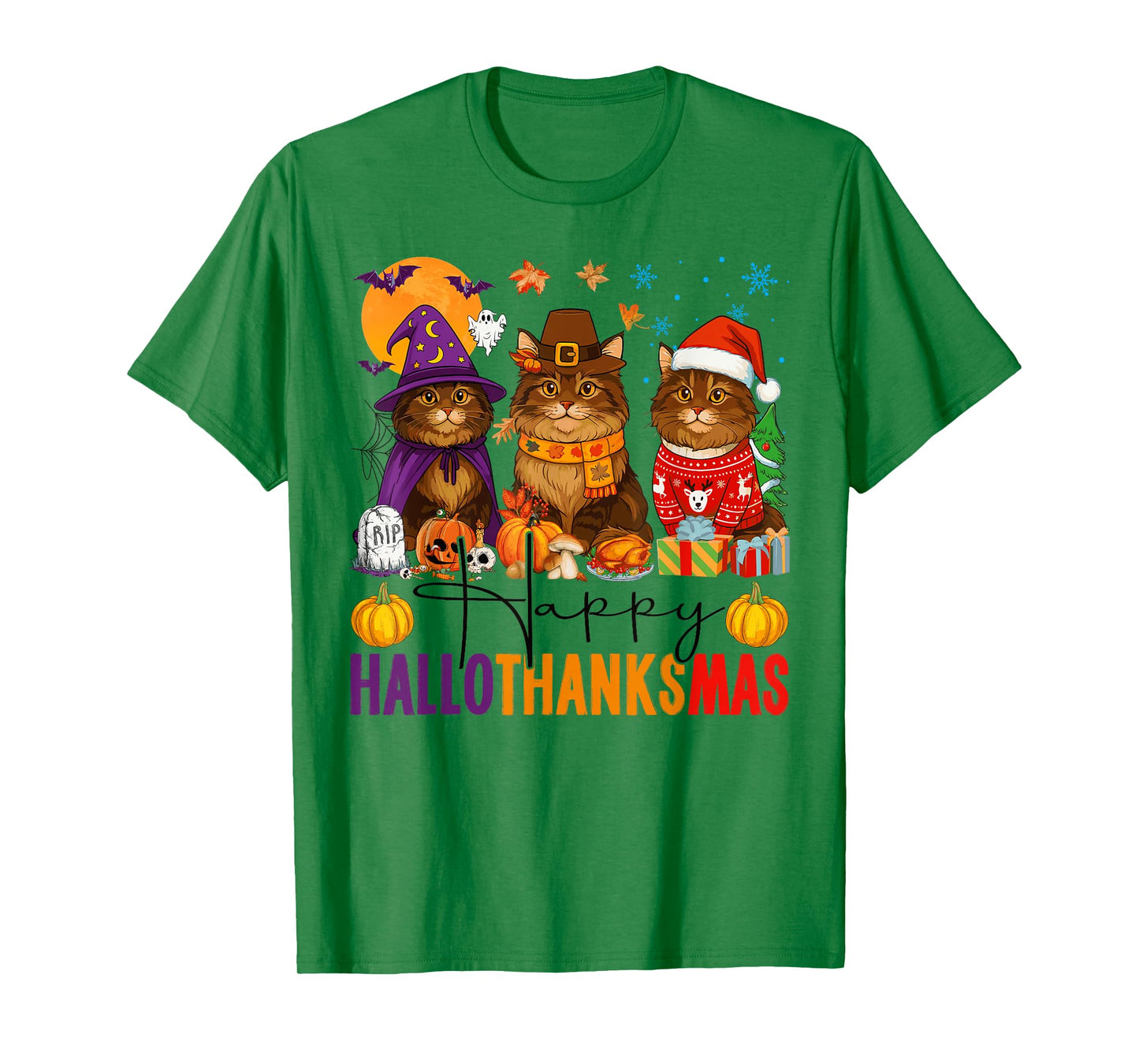 Happy Hallothanksmas Maine Coon Cats Halloween Thanksgiving T-Shirt