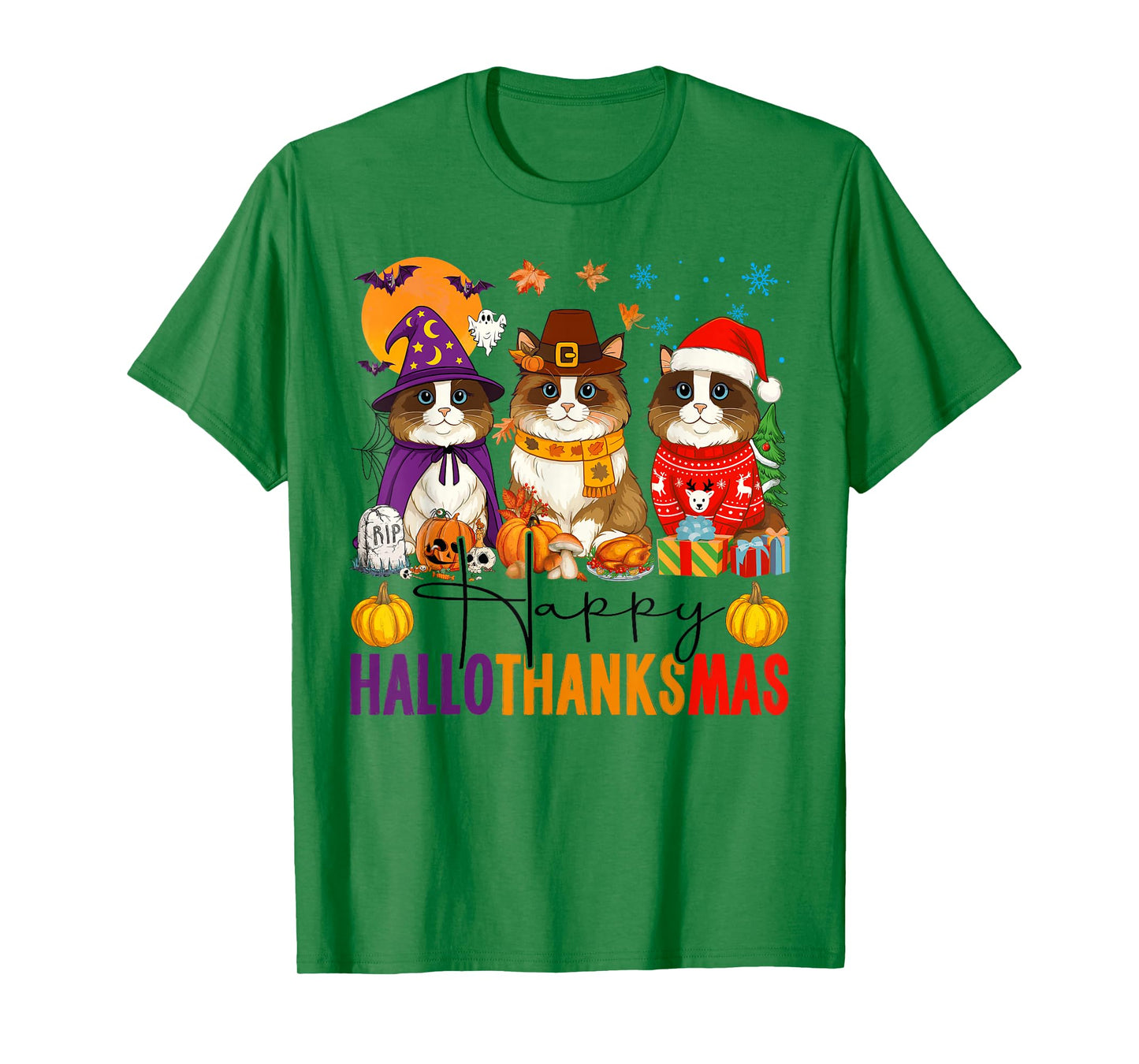 Happy Hallothanksmas Ragdoll Cats Halloween Thanksgiving T-Shirt