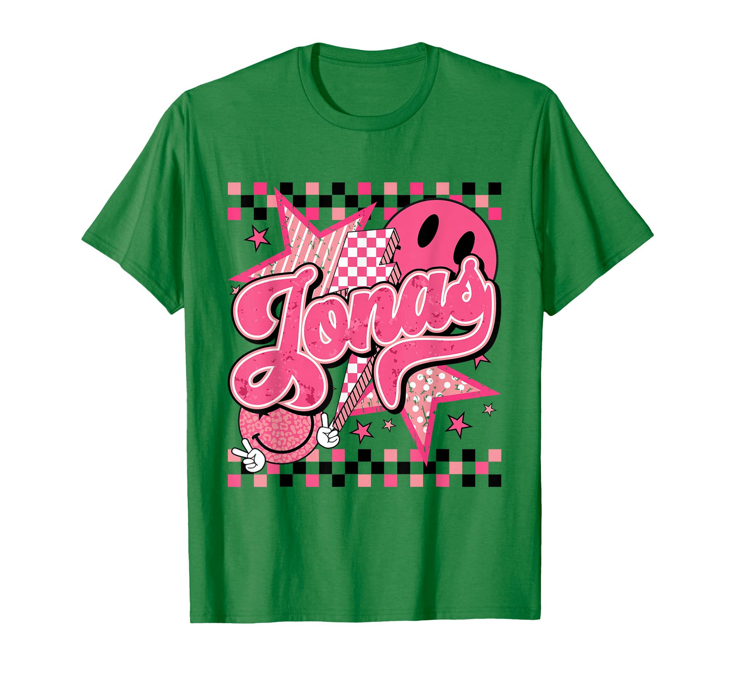 Jonas First Name I Love Jonas Girl Checkered Groovy 80's T-Shirt