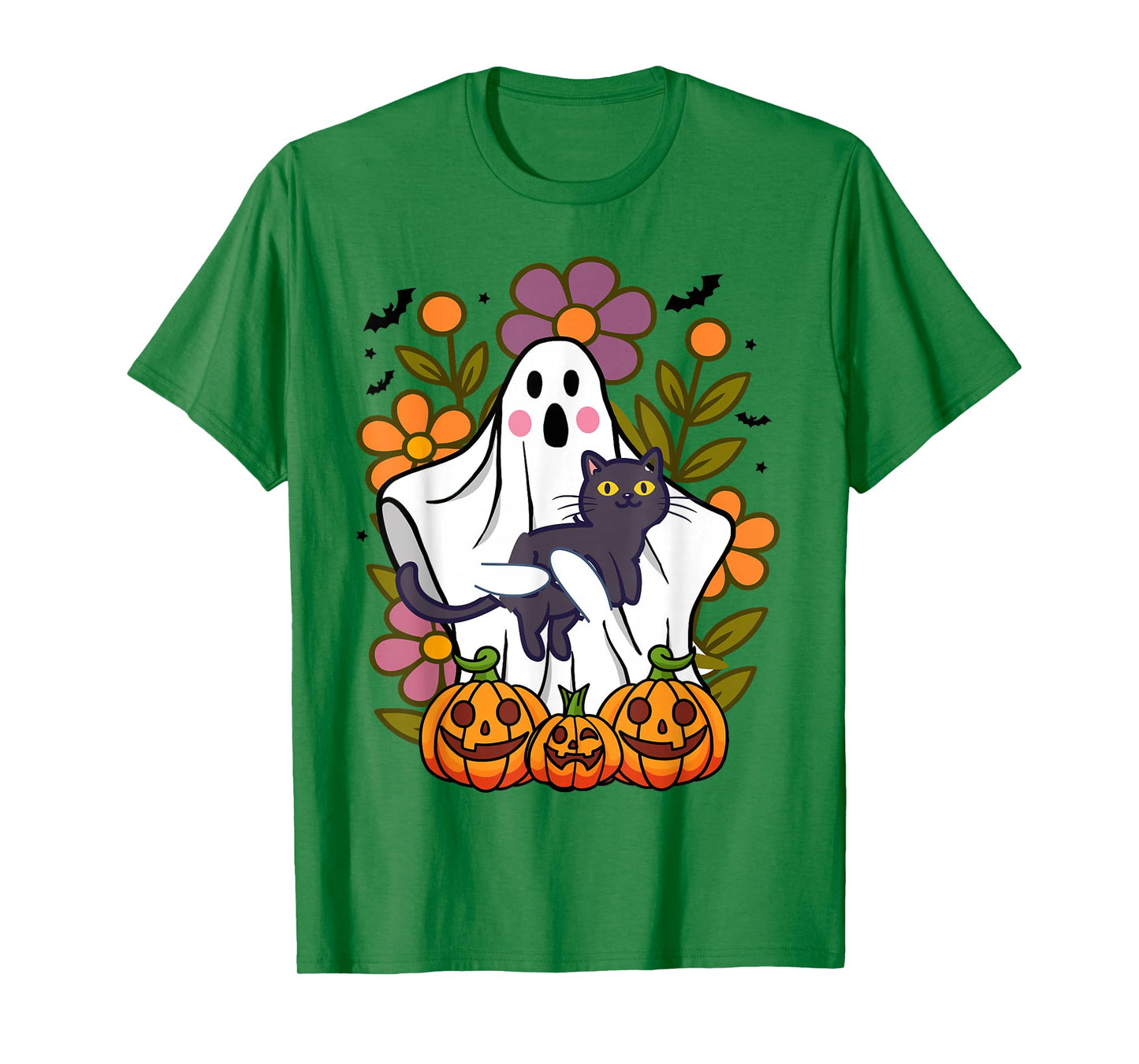 Funny Floral Ghost with Cat Vintage Pumpkin Fall Halloween T-Shirt