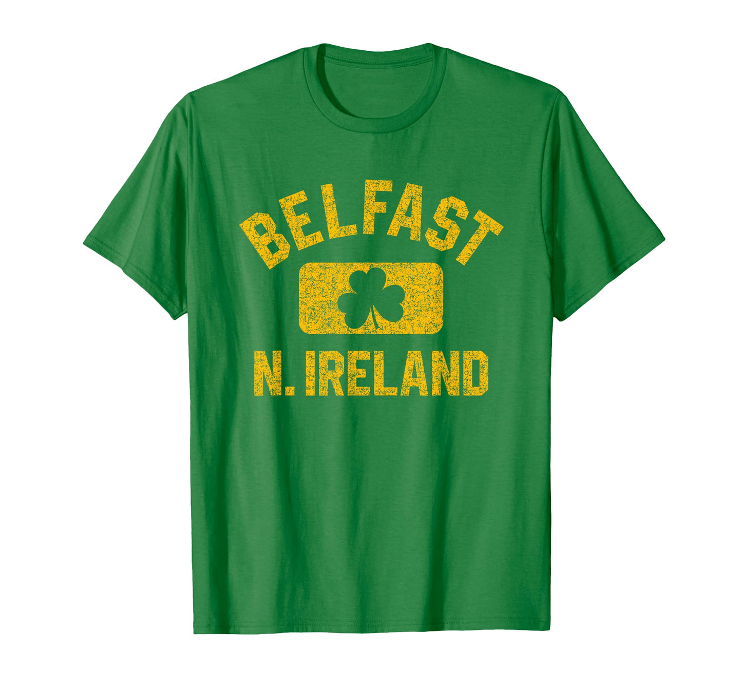 Belfast N. Ireland Gym Style Green w Distressed Amber Print T-Shirt