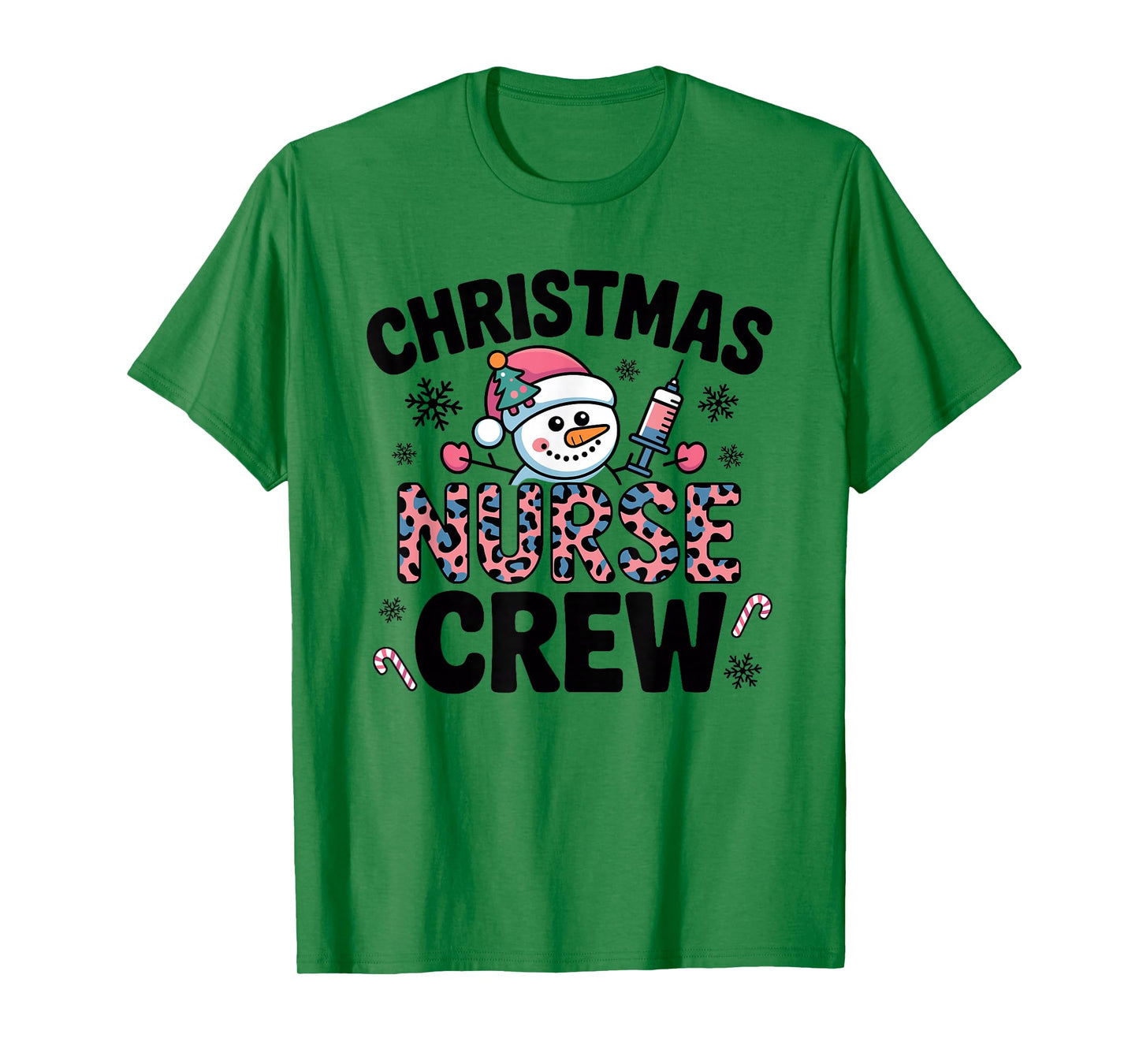Nurse Christmas Crew Snowman Pink Leopard Print T-Shirt