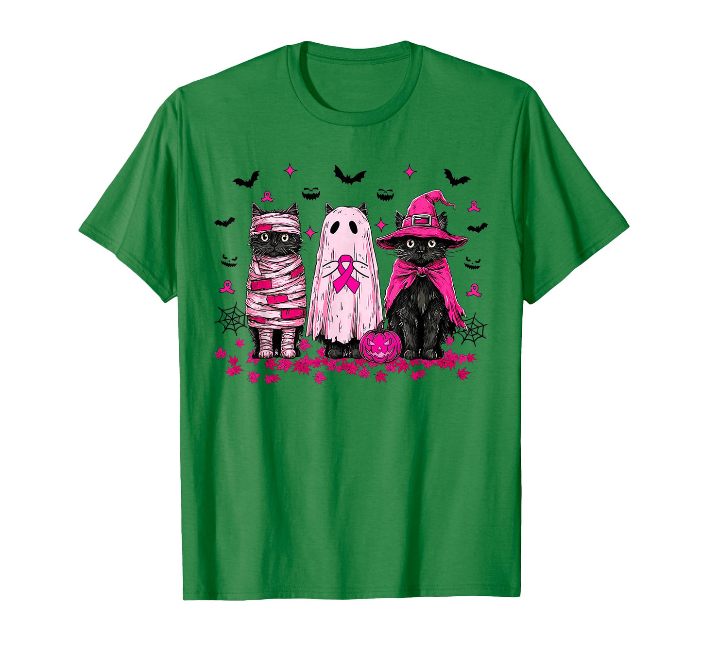 Ghost and Witch Black Cat Retro Halloween Breast Cancer T-Shirt