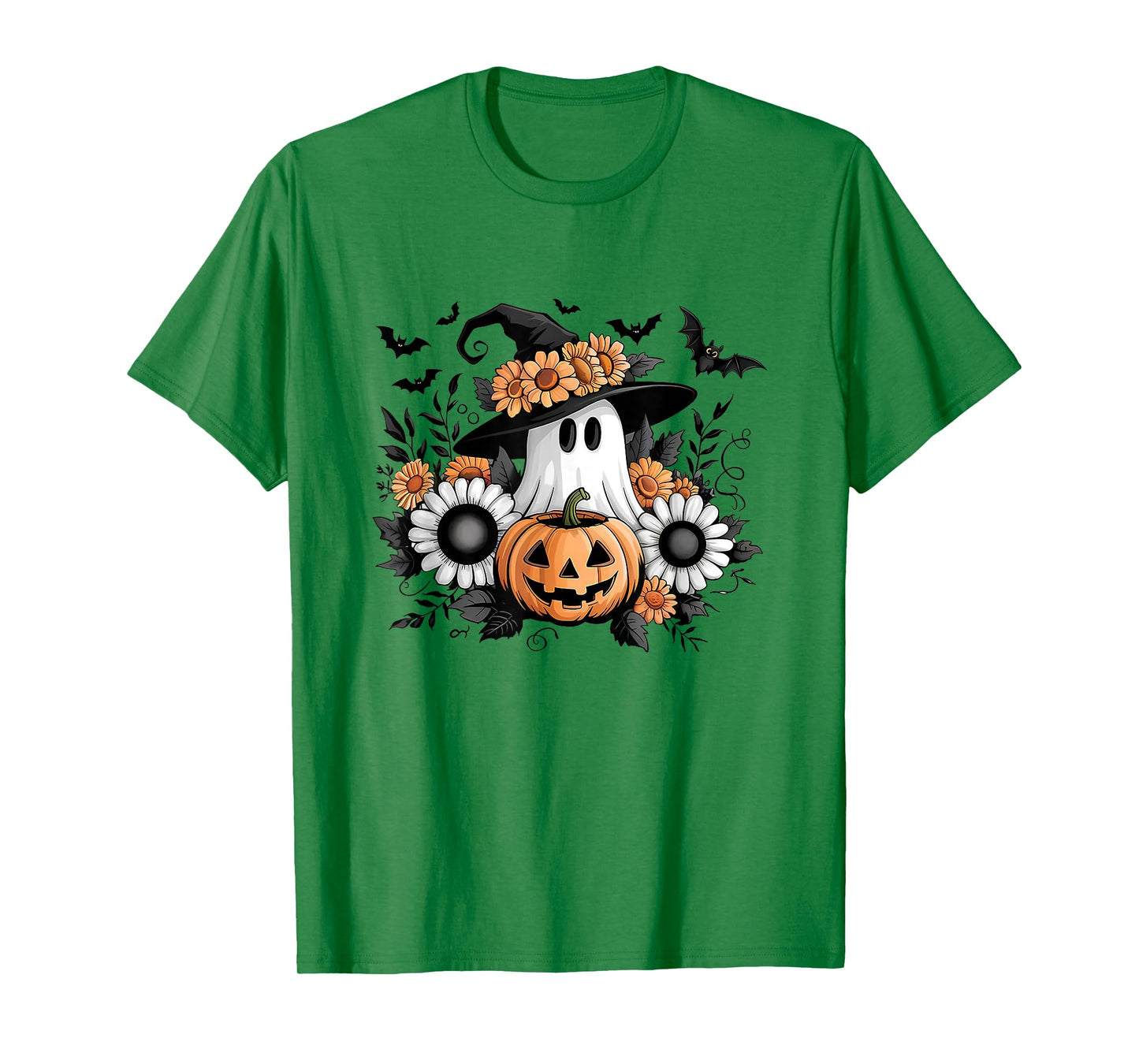 Vintage Floral Ghost Halloween Pumpkin Ghost Witch Womens T-Shirt