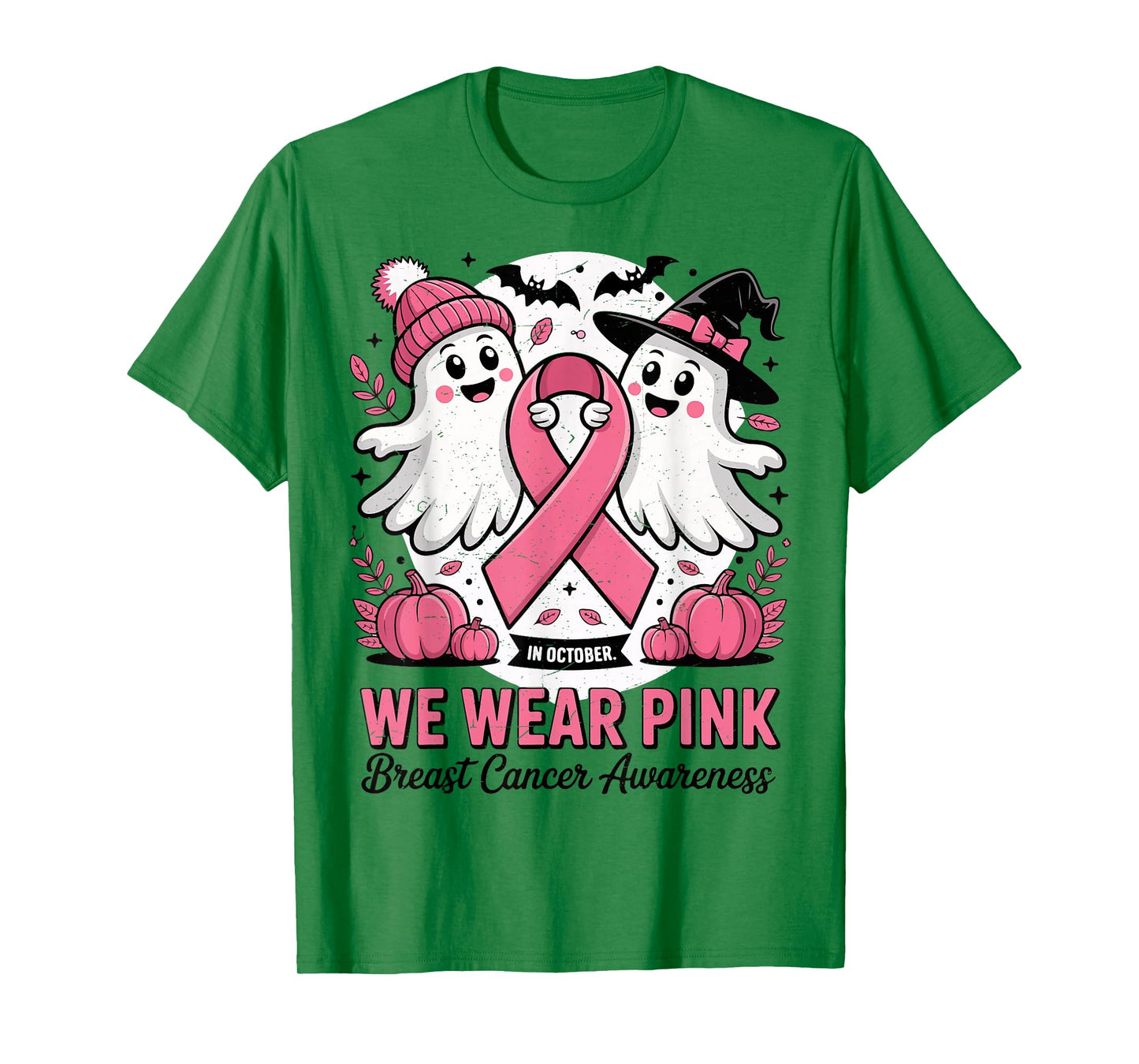 in October We Wear Pink Ghost Witch Breast Cancer Awareness T-Shirt