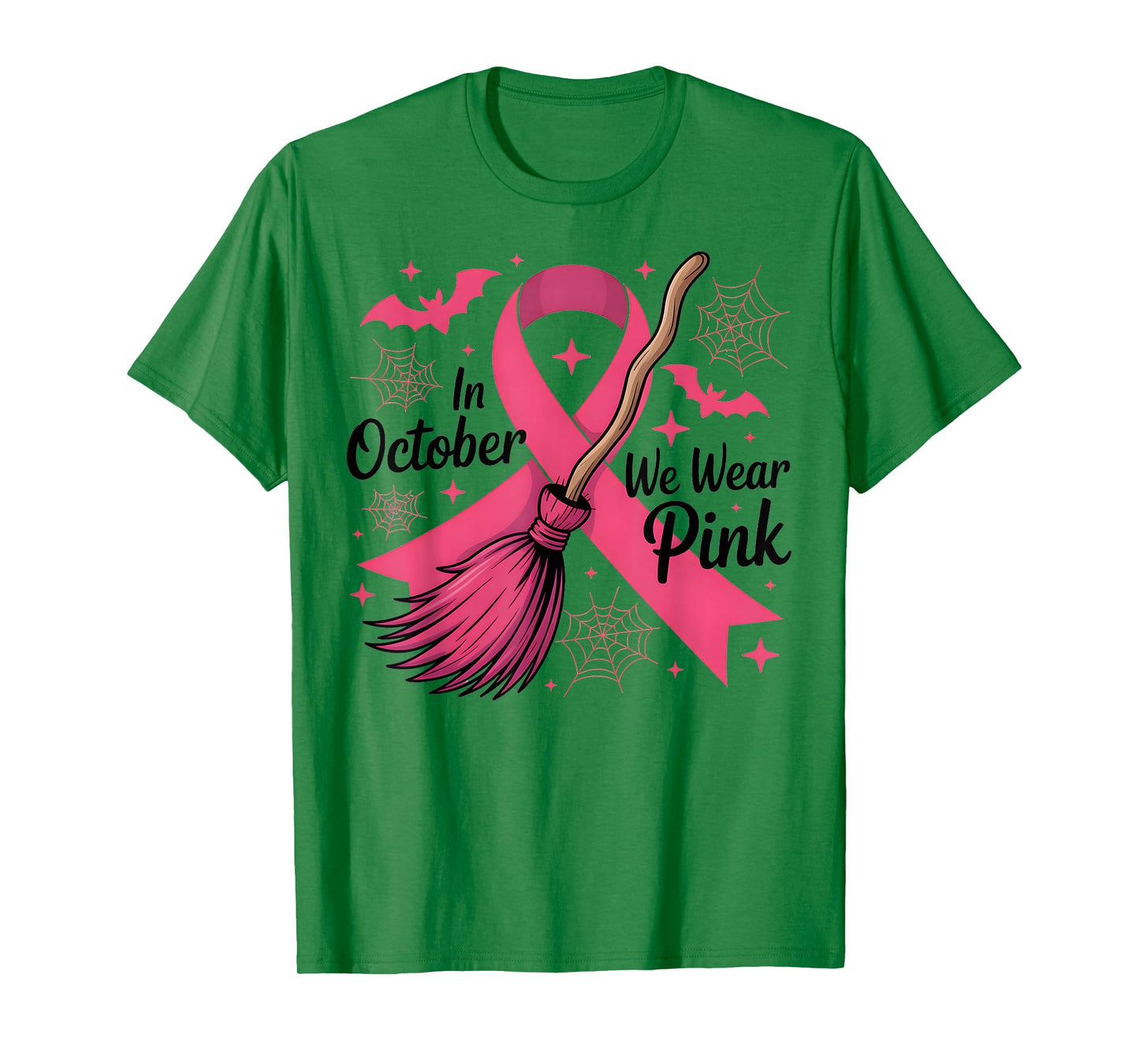 in October We Wear Pink Witch Broom Breast Cancer Halloween T-Shirt
