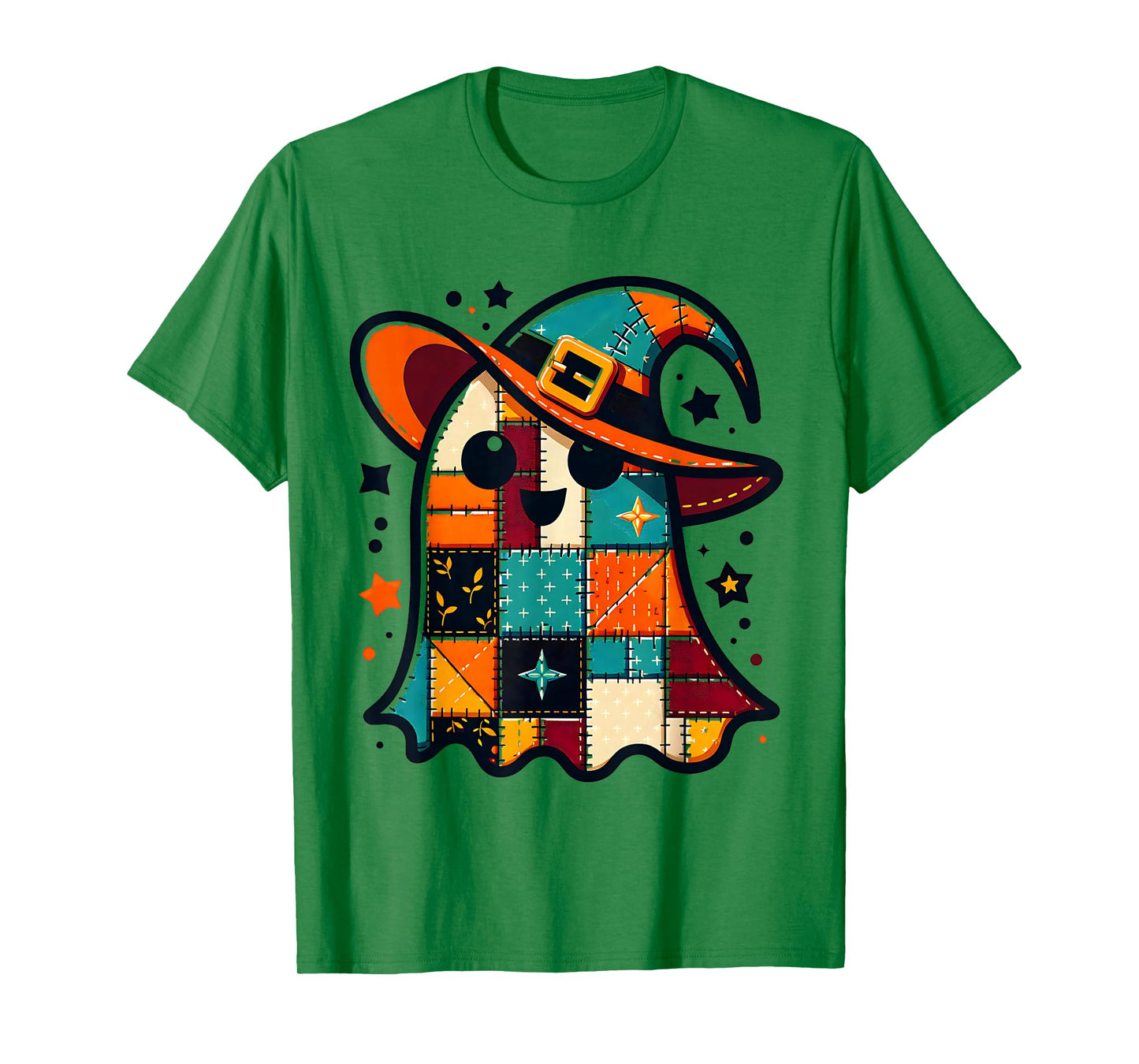 Halloween Patchwork Ghost with Witch Hat Cute Spooky Fun T-Shirt