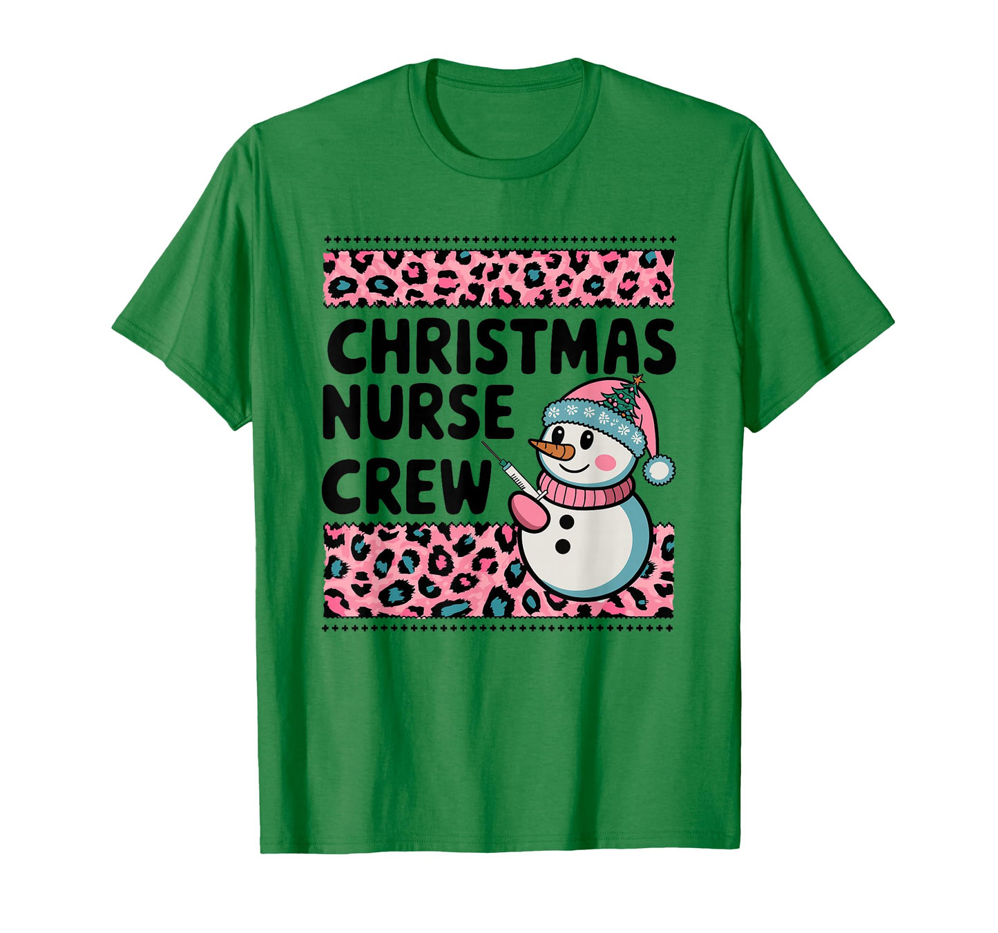 Nurse Christmas Crew Snowman Pink Leopard Print T-Shirt
