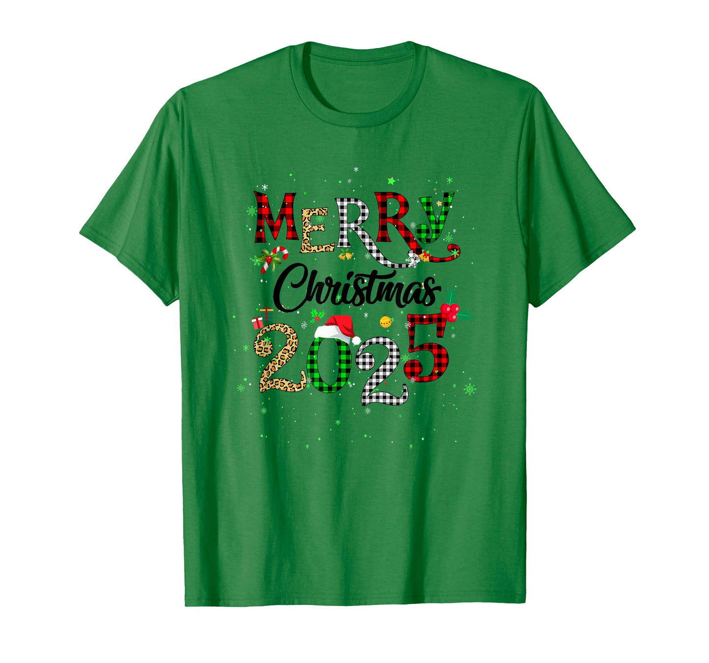 Merry Christmas 2025 Leopard Buffalo Plaid Red Green Xmas T-Shirt