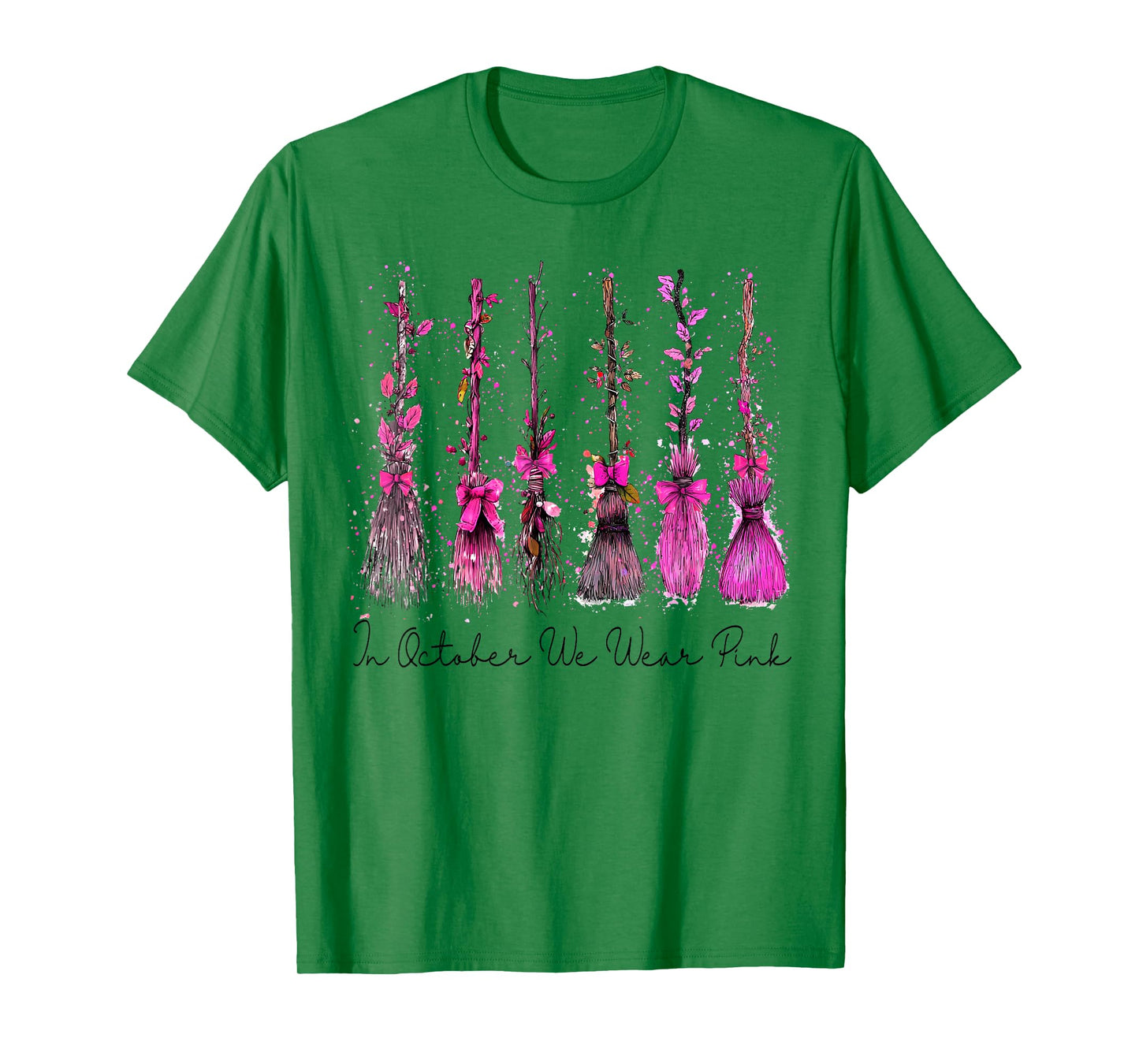 in October We Wear Pink Witch Broom Halloween Breast Cancer T-Shirt