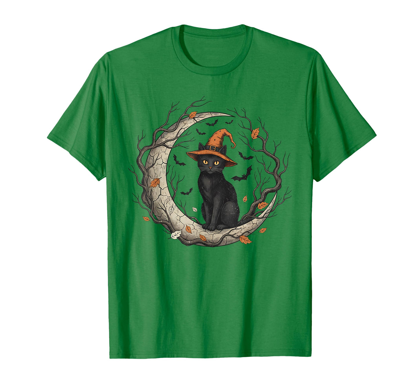 Funny Cat Witch Halloween Fall Vintage Moon Costume Tee T-Shirt