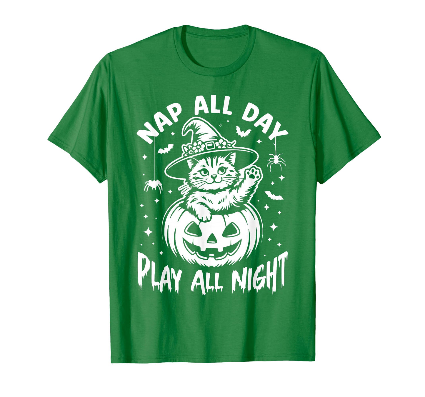 Nap All Day, Play All Night. Witch Hat Halloween Pumpkin Cat T-Shirt