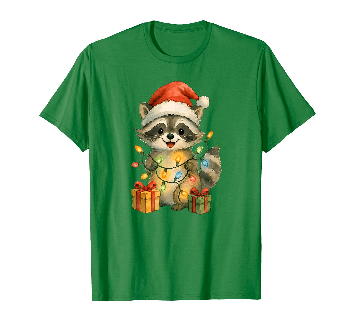 Christmas Raccoon Cartoon Cute Santa Hat Lights T-Shirt