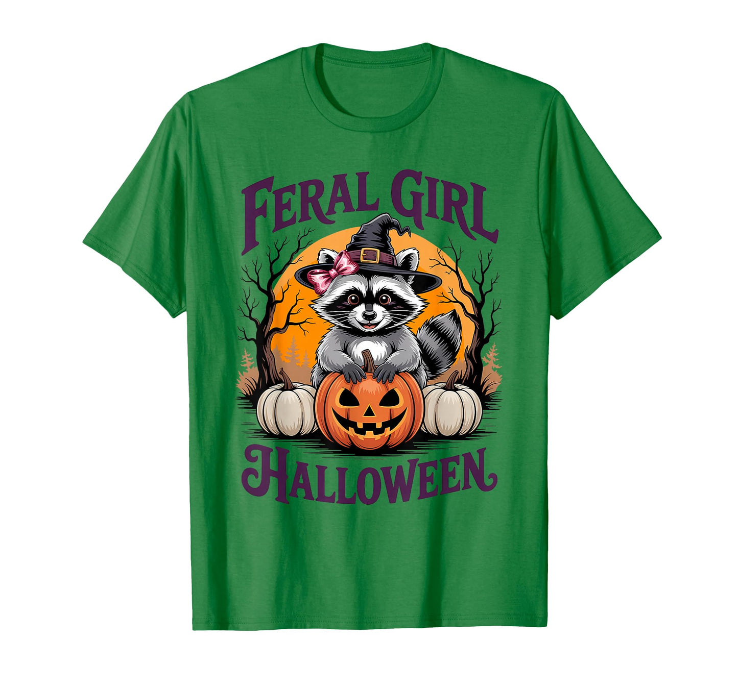 Feral Girl Halloween Funny Raccoon Pumpkin Witch Girl Women T-Shirt