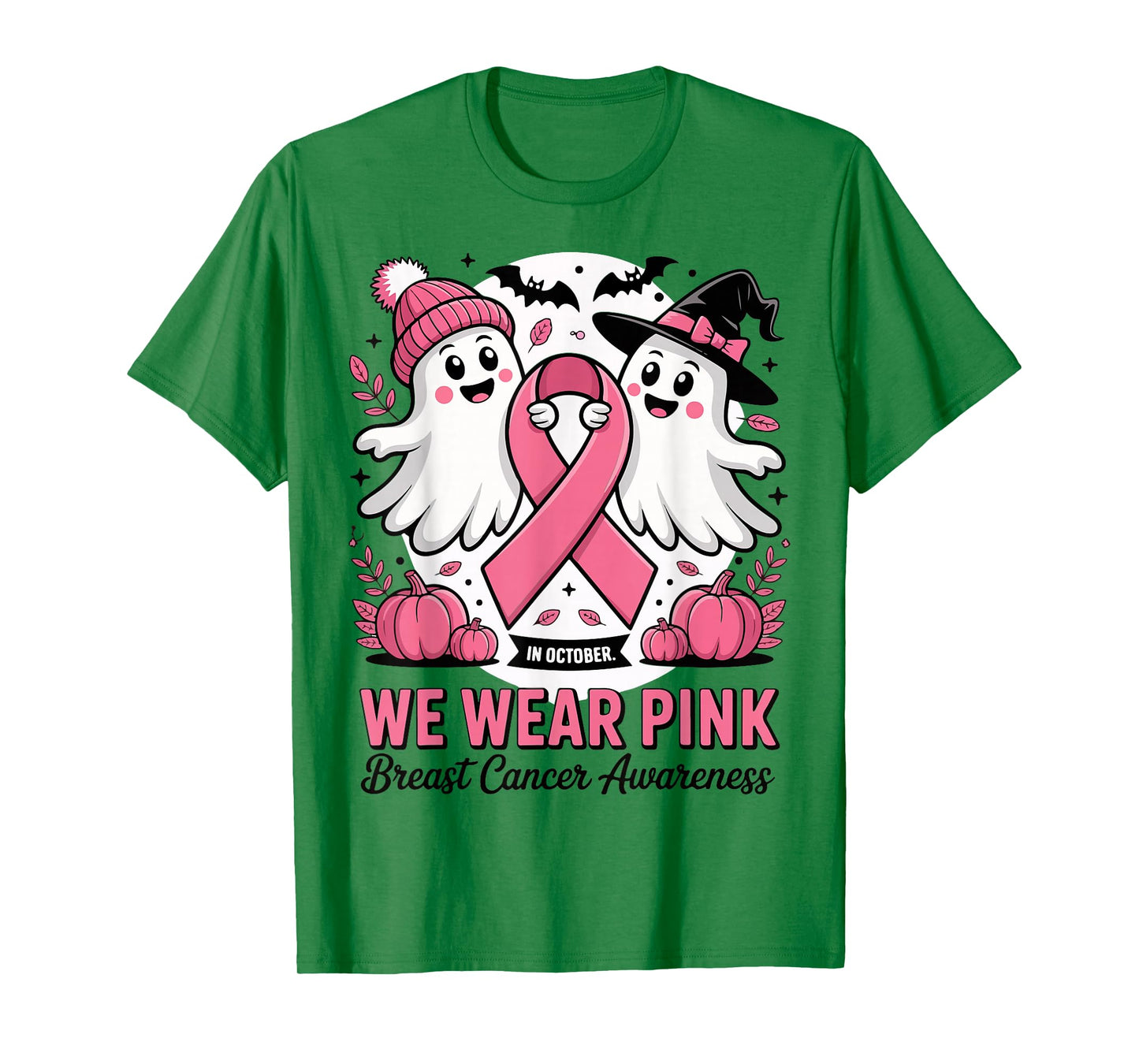 in October We Wear Pink Ghost Witch Breast Cancer Awareness T-Shirt