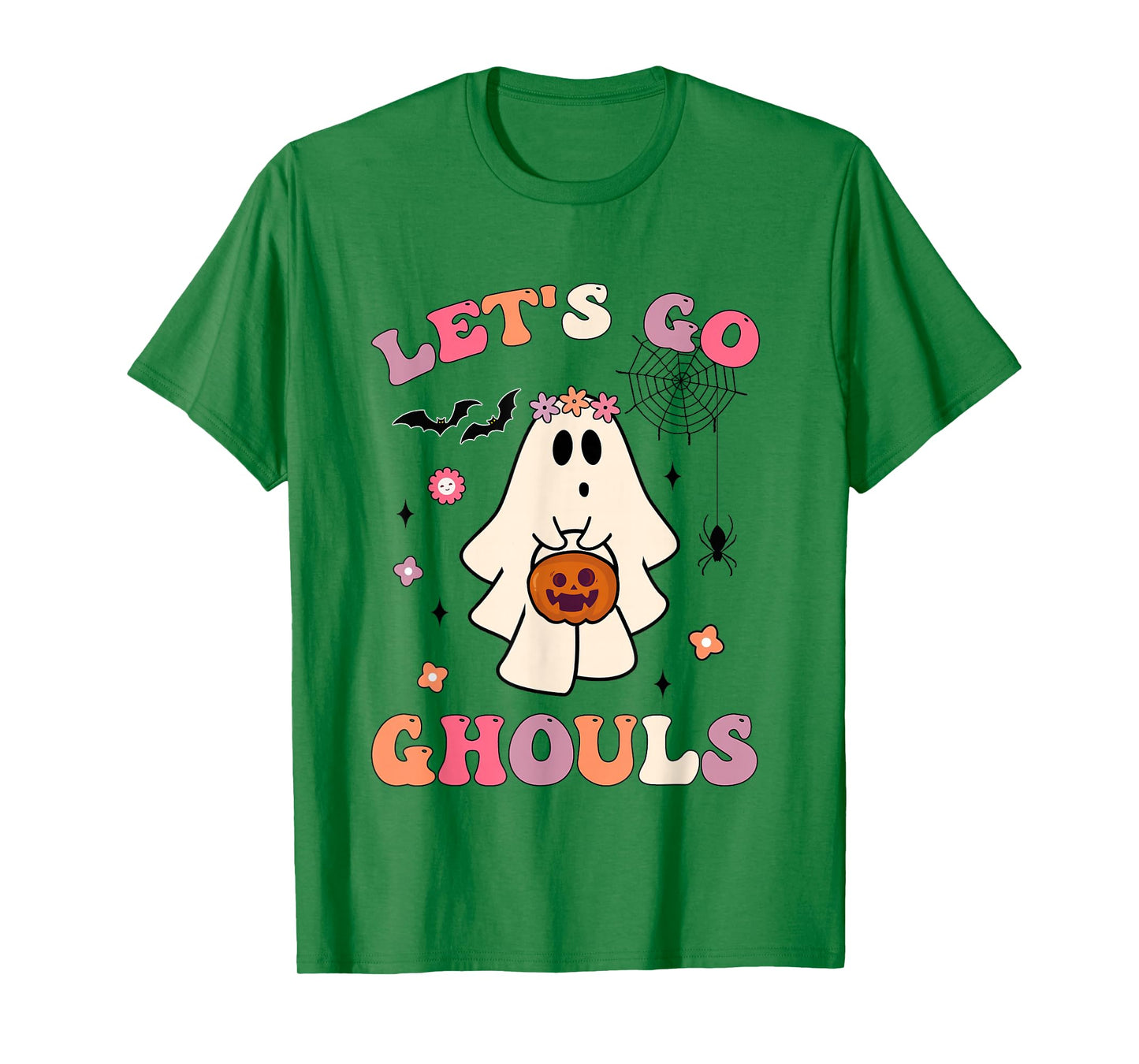 Halloween Ghost Holding Pumpkin Retro Groovy Let's Go Ghouls T-Shirt