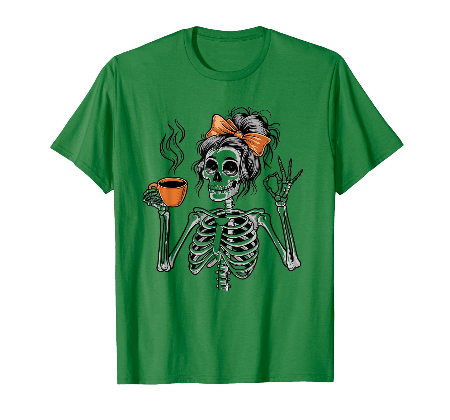 Halloween Skeleton Messy Bun Coffee Funny Costume Mom Women T-Shirt