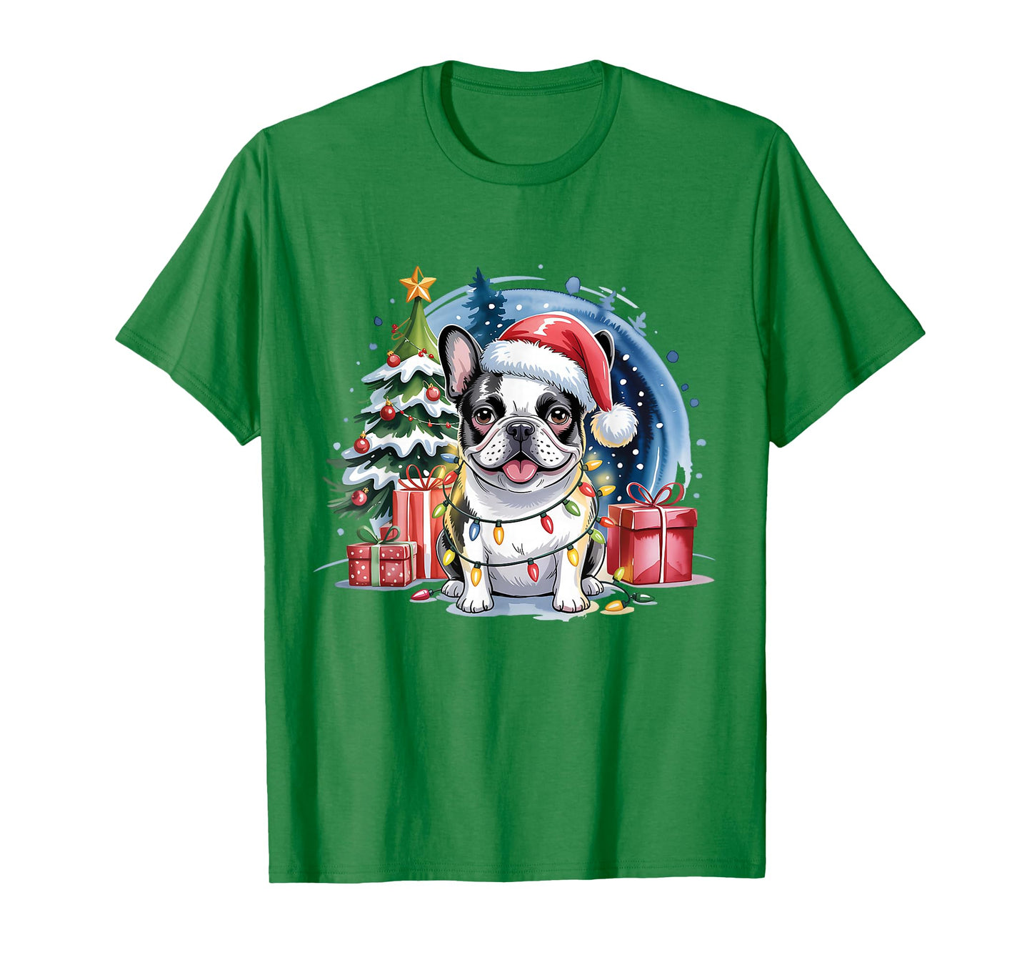 Festive French Bulldog Christmas Santa Hat and Lights T-Shirt