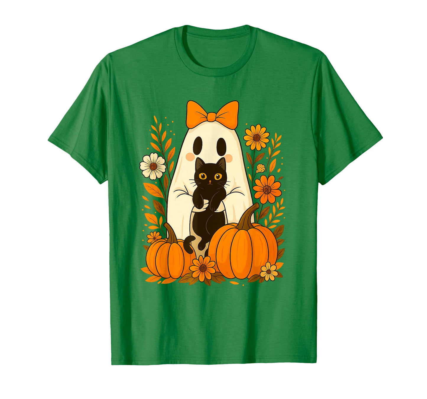 Vintage Cute Halloween Ghost Holding Cat Groovy Floral T-Shirt