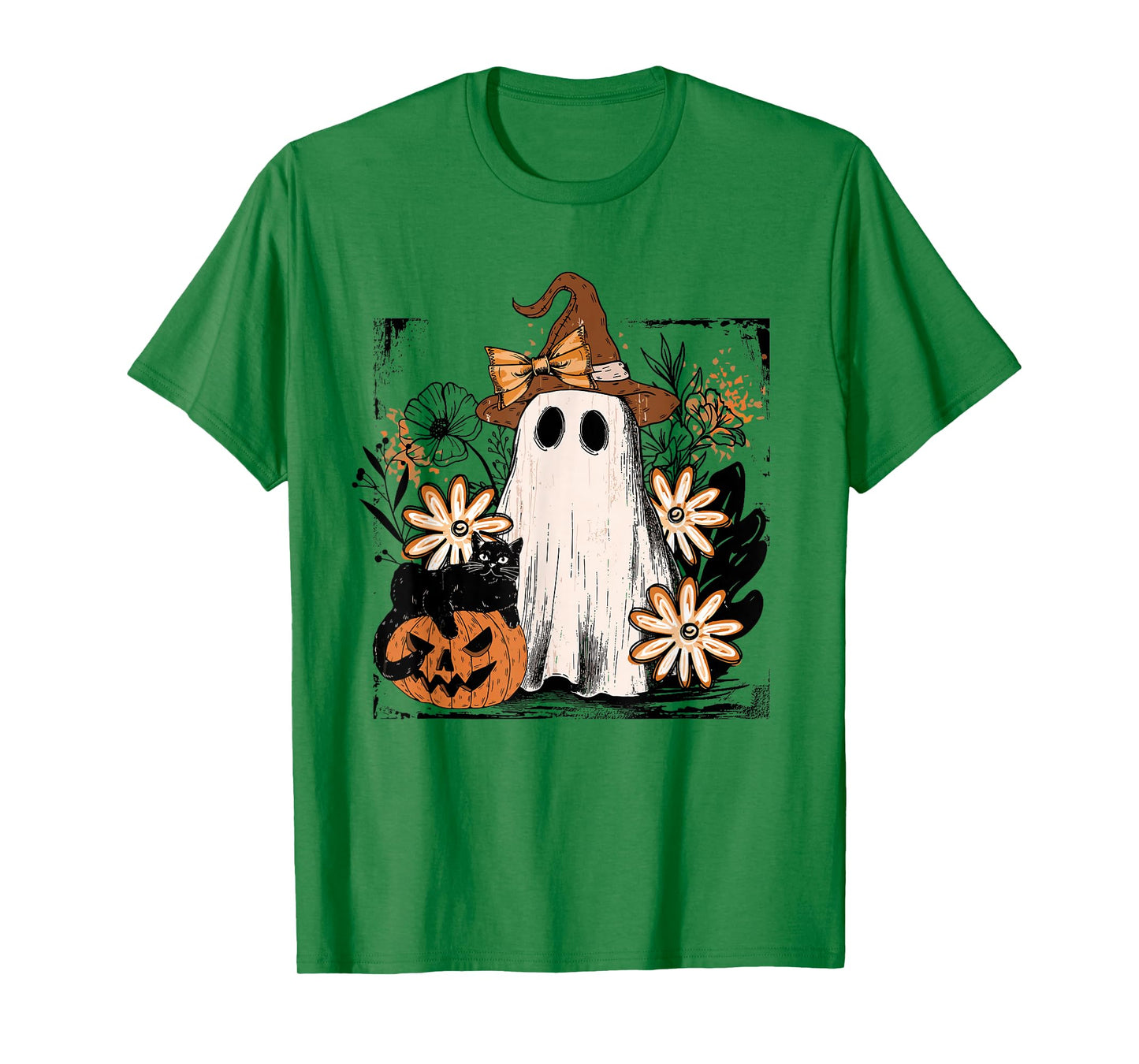 Coquette Floral Ghost Halloween Black Cat Ghost Autum Fall T-Shirt