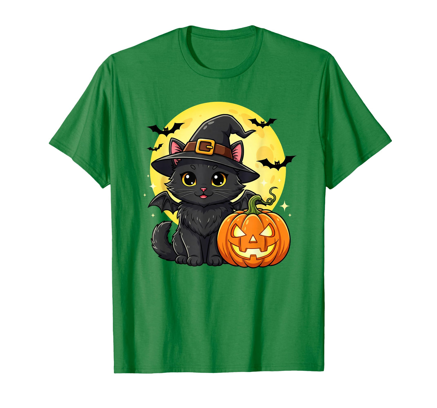 Cute cat Wearing Witch Hat with Moon and Bats Halloween Bat T-Shirt