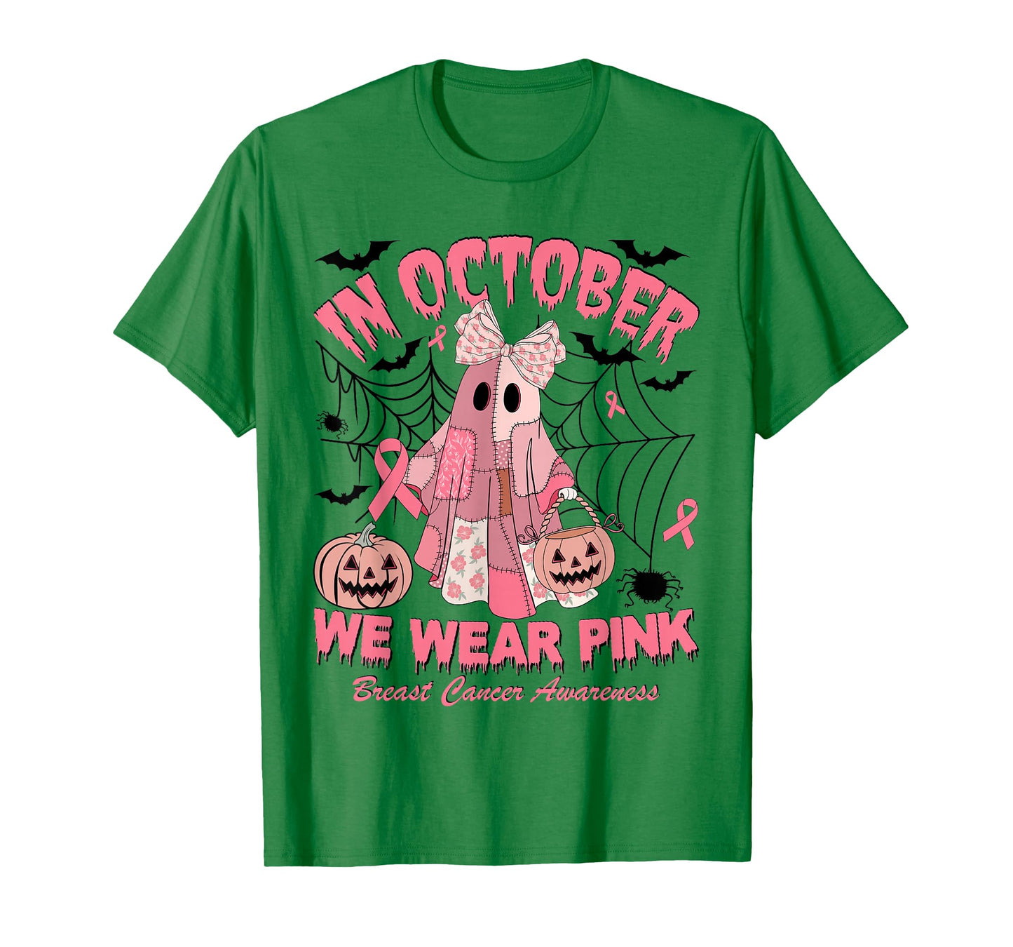 in October We Wear Pink Ghost Witch Breast Cancer Awareness T-Shirt