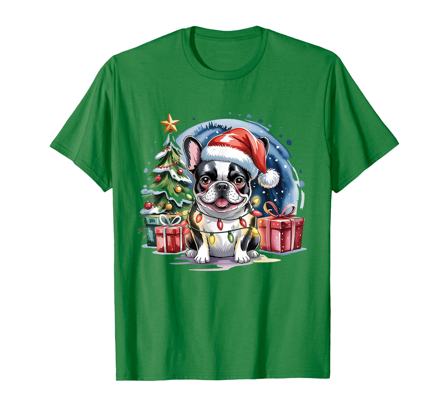 Cute Festive French Bulldog Christmas Santa Hat and Lights T-Shirt