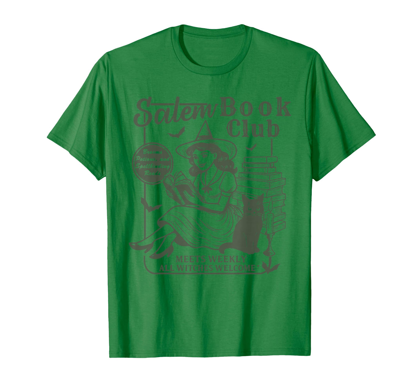 Vintage Salem Book Club Witch Reading Black Cat Halloween T-Shirt