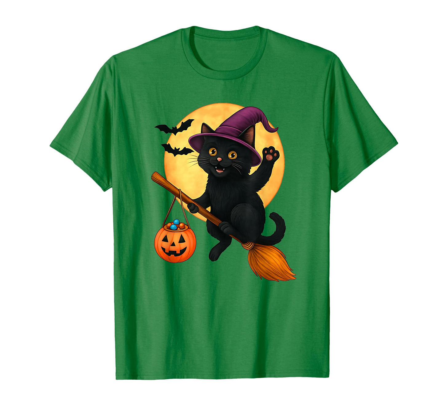 Black Cat Witch Hat Pumpkin Halloween Costume Men Women Kids T-Shirt