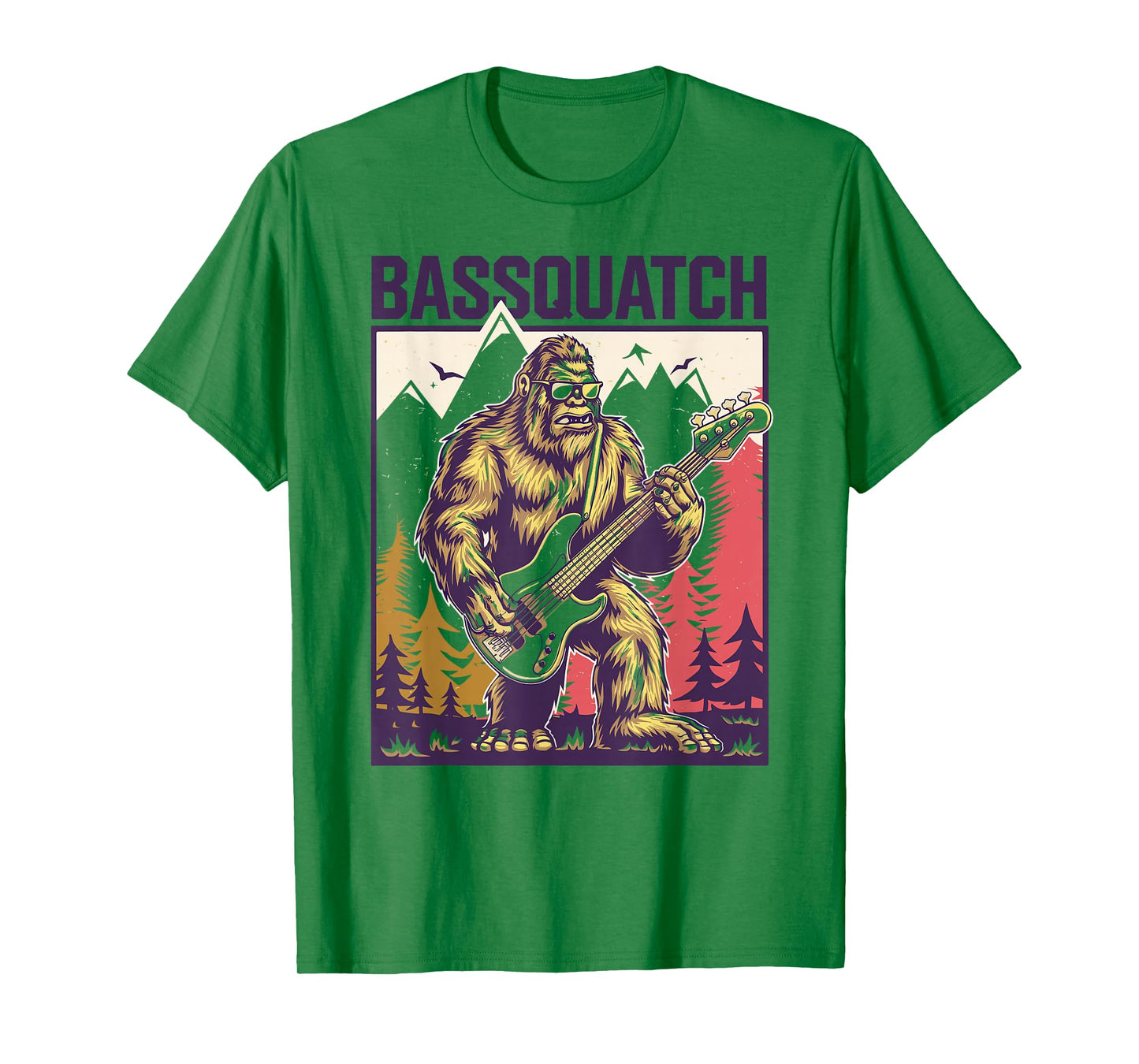C.J.'s Cryptid Sasquatch Bigfoot Bass Guitar Gifts Bassquatch, Bigfoot Bass Guitar Sasquatch Adult Men's Yellow Cartoon Bigfoot Themed T-Shirt