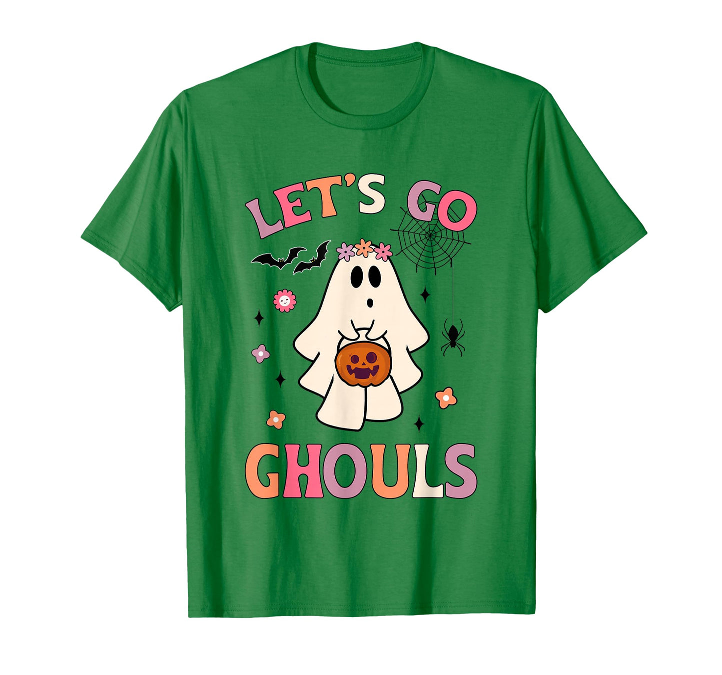 Halloween Ghost Holding Pumpkin Let's Go Ghouls Retro Groovy T-Shirt