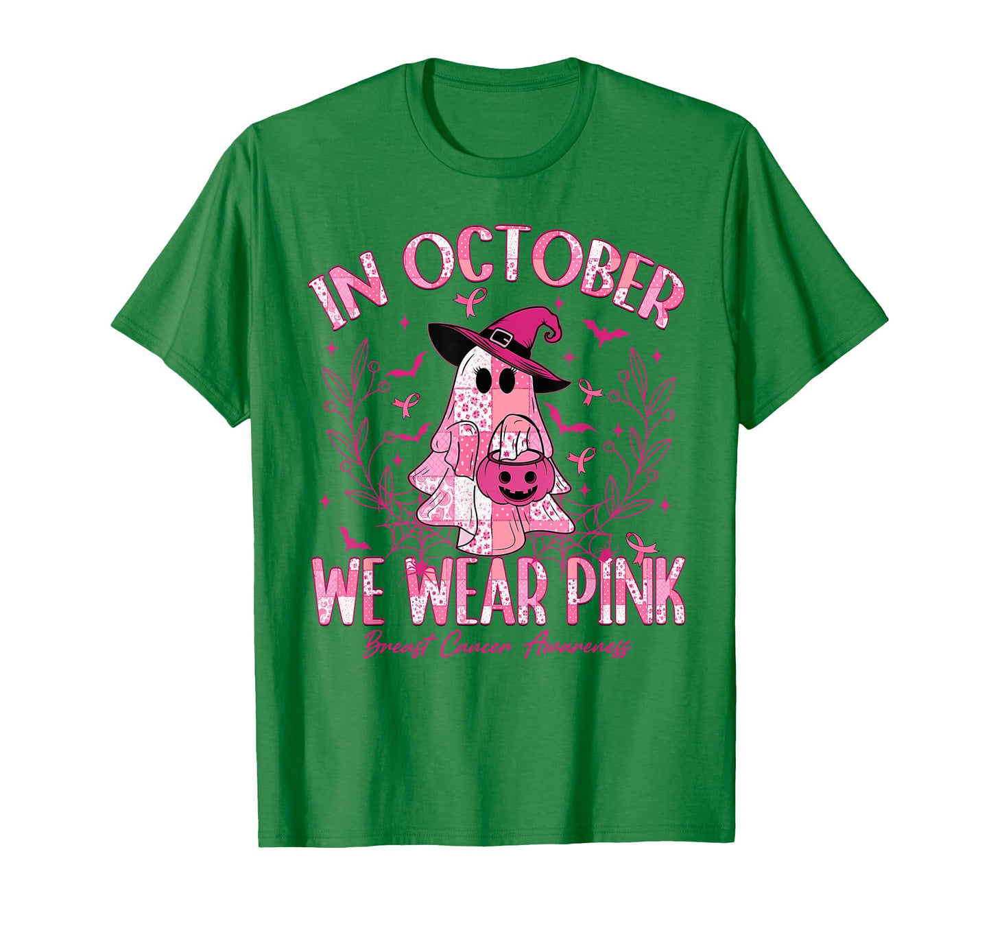 in October We Wear Pink Ghost Witch Breast Cancer Awareness T-Shirt